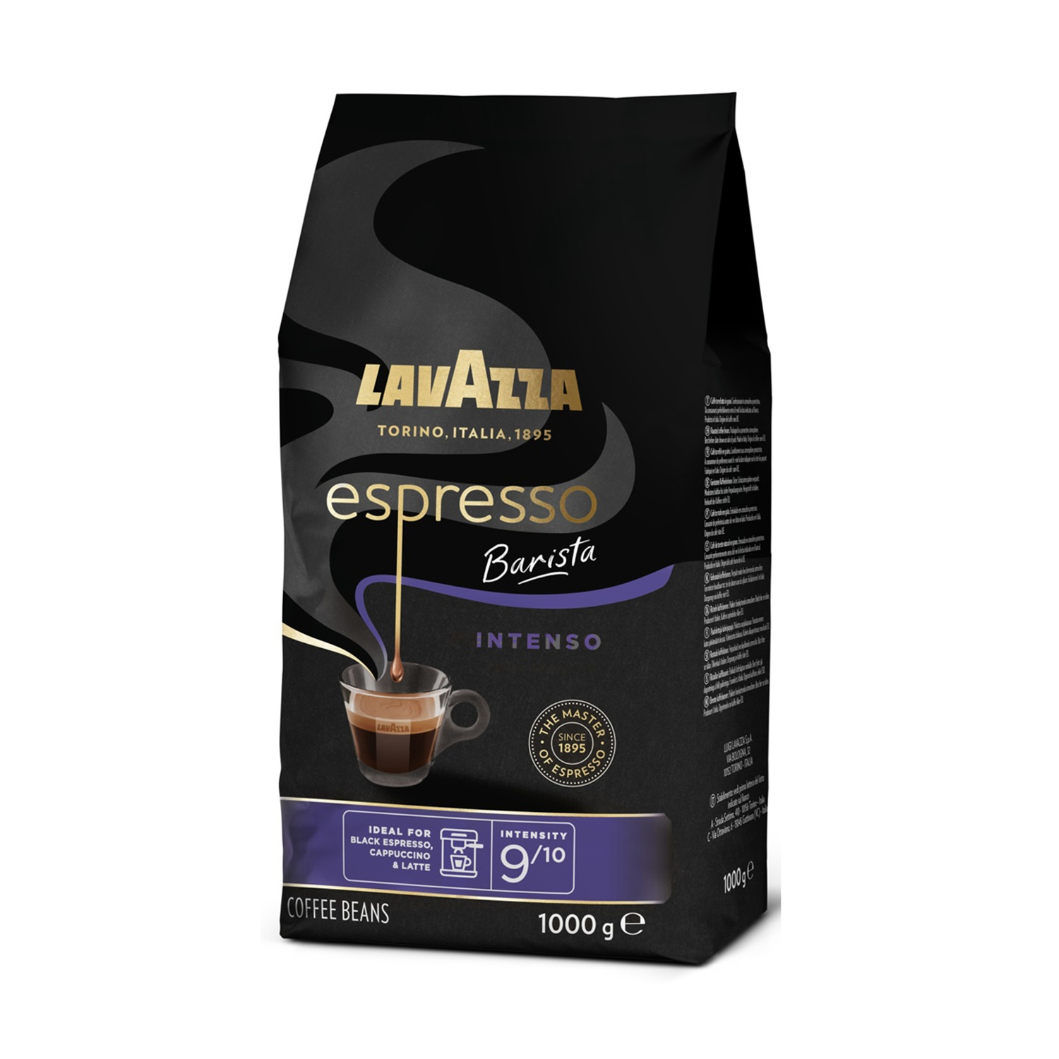 Una confezione di caffè espresso Lavazza, nera con accenti oro e viola. Presenta il marchio, espresso, barista e un livello di intensità di 9/10.