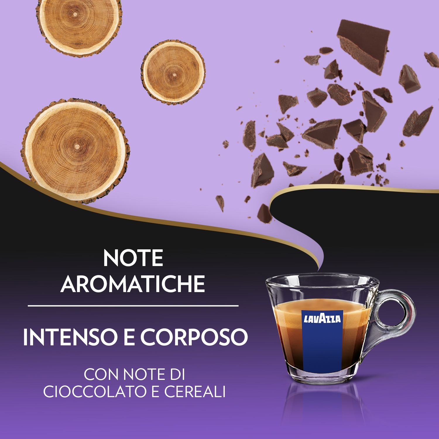 L'immagine mostra caffè in un bicchiere, pezzi di cioccolato e fette di legno su sfondo viola con testo.