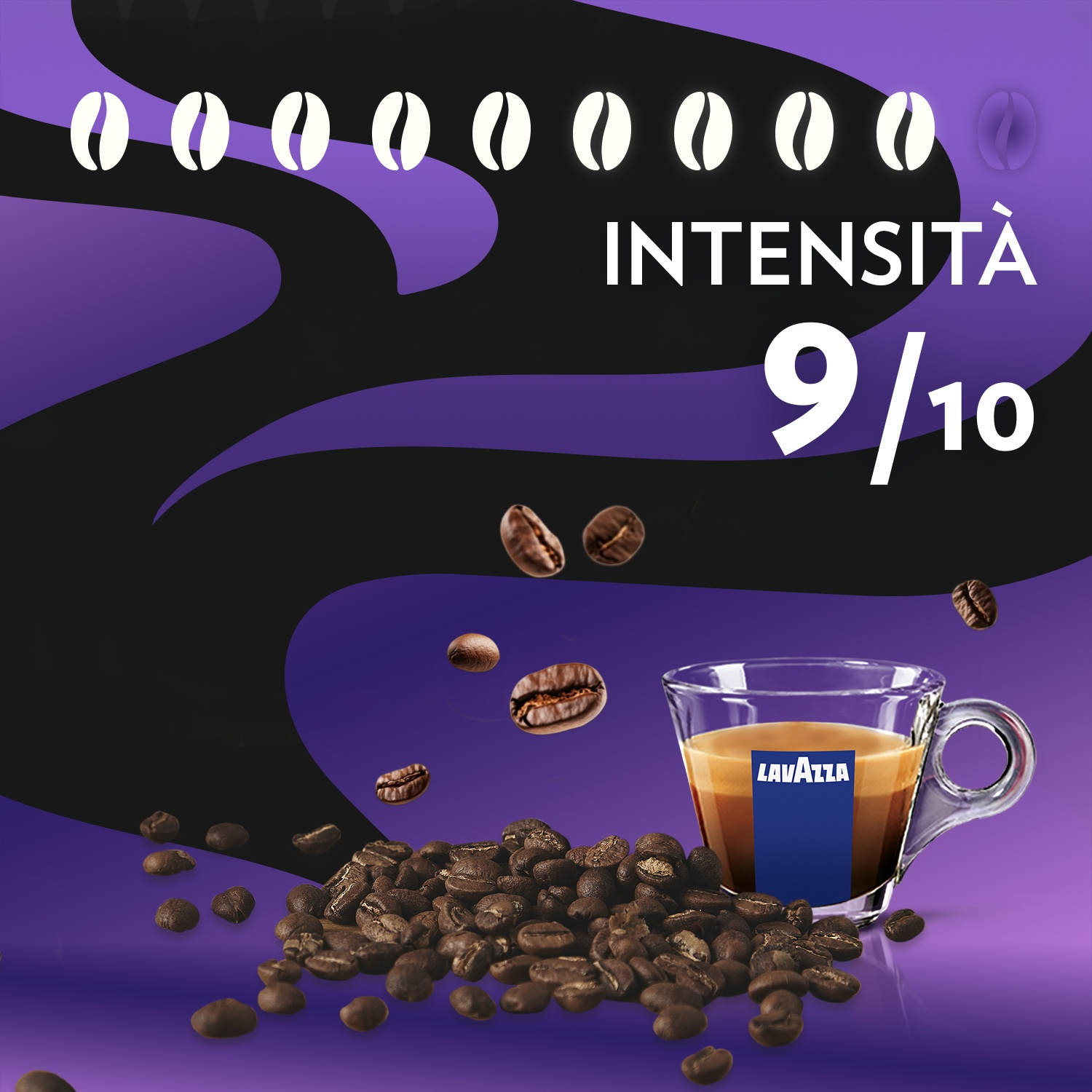 L'immagine mostra chicchi di caffè, una tazza di caffè con logo Lavazza e un'intensità di 9/10 su sfondo viola.