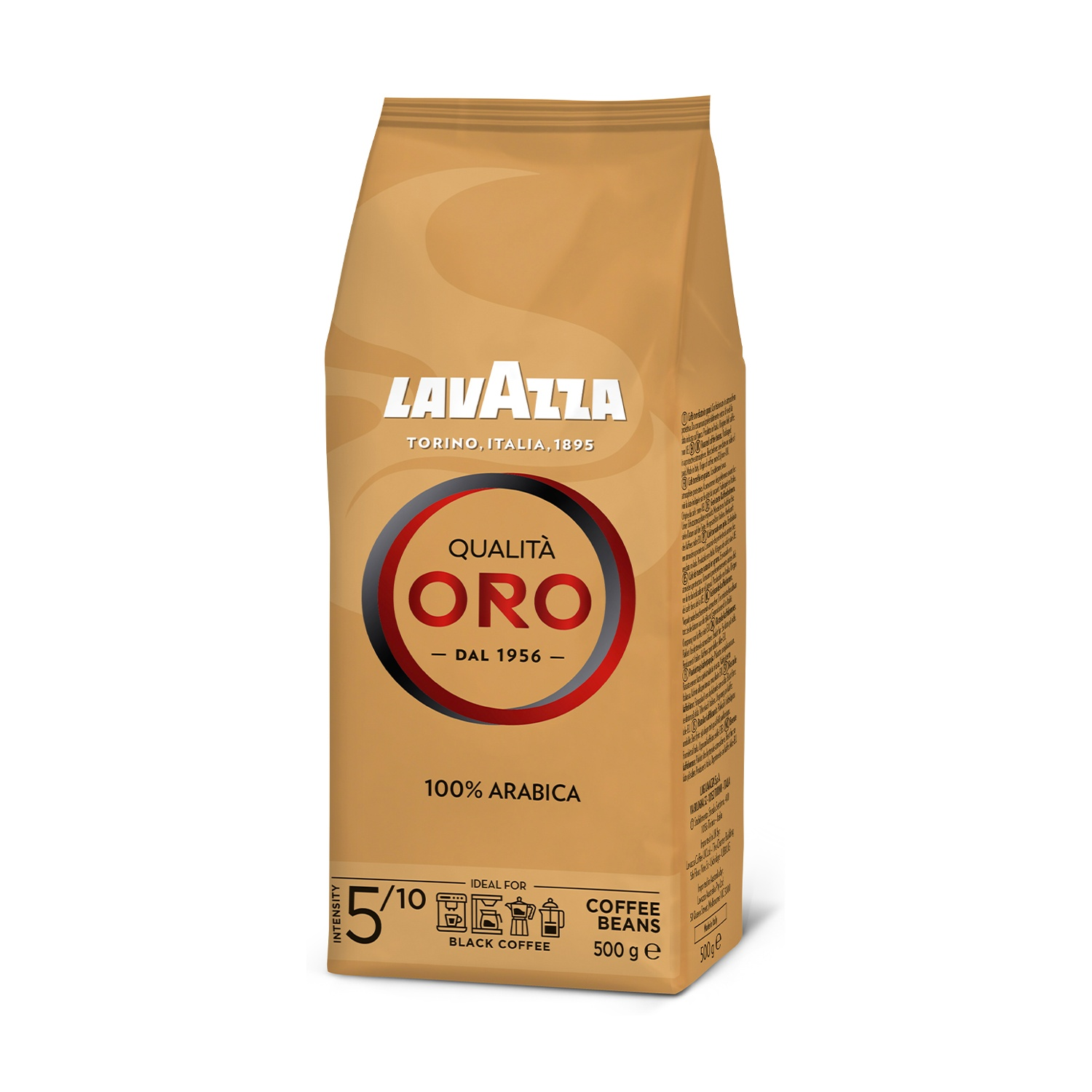 Un sacchetto di caffè marrone chiaro con il marchio "LAVAZZA", il testo "QUALITÀ ORO" e "100% ARABICA". C'è scritto "COFFEE BEANS" e "500 g e".