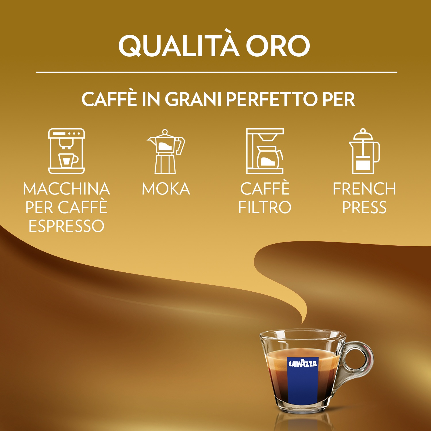 L'immagine mostra i metodi di preparazione del caffè. Presenta macchina per espresso, moka, caffè filtro e french press. Una tazza di caffè con il logo Lavazza in basso.