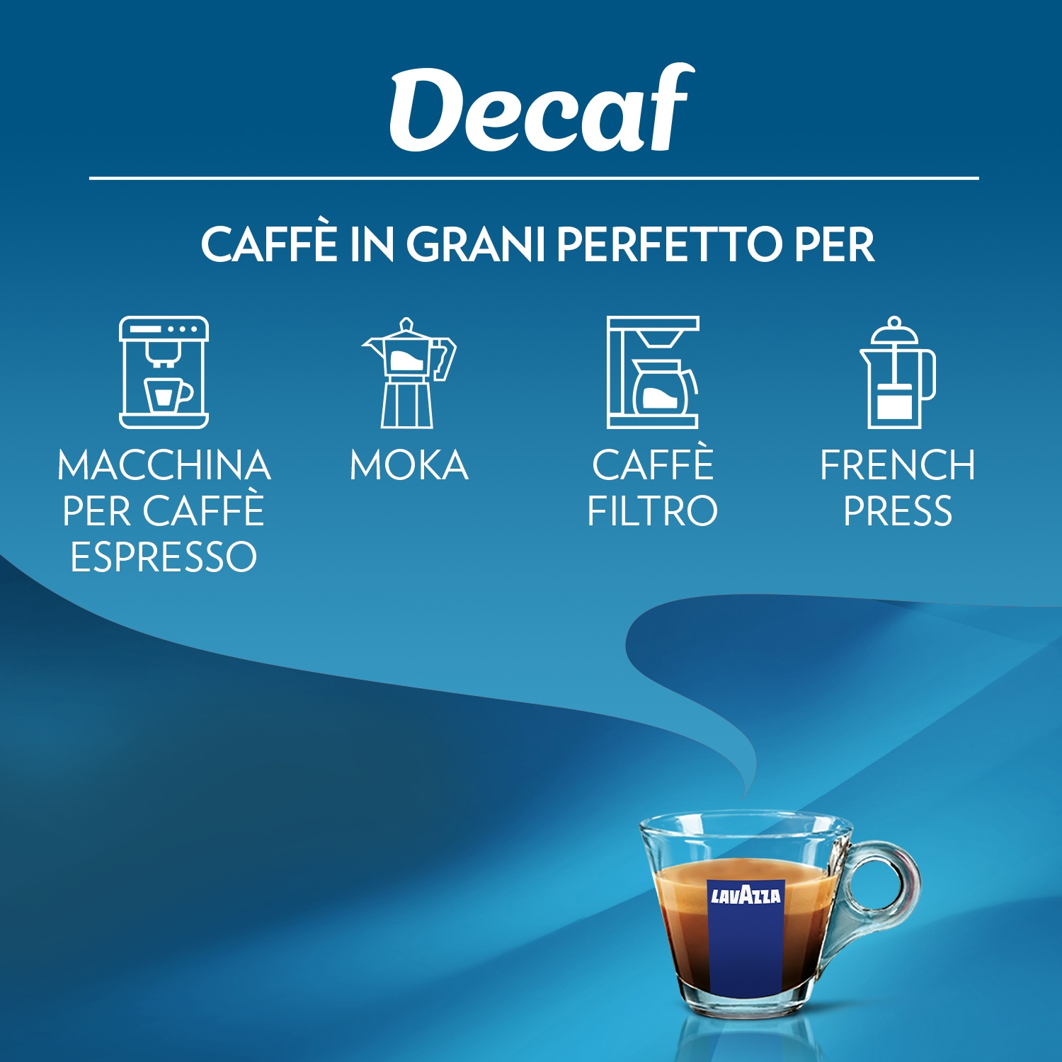 Sfondo blu con tazza di caffè e icone di diverse macchine da caffè. Il testo dice 'Decaf' e 'Lavazza'.
