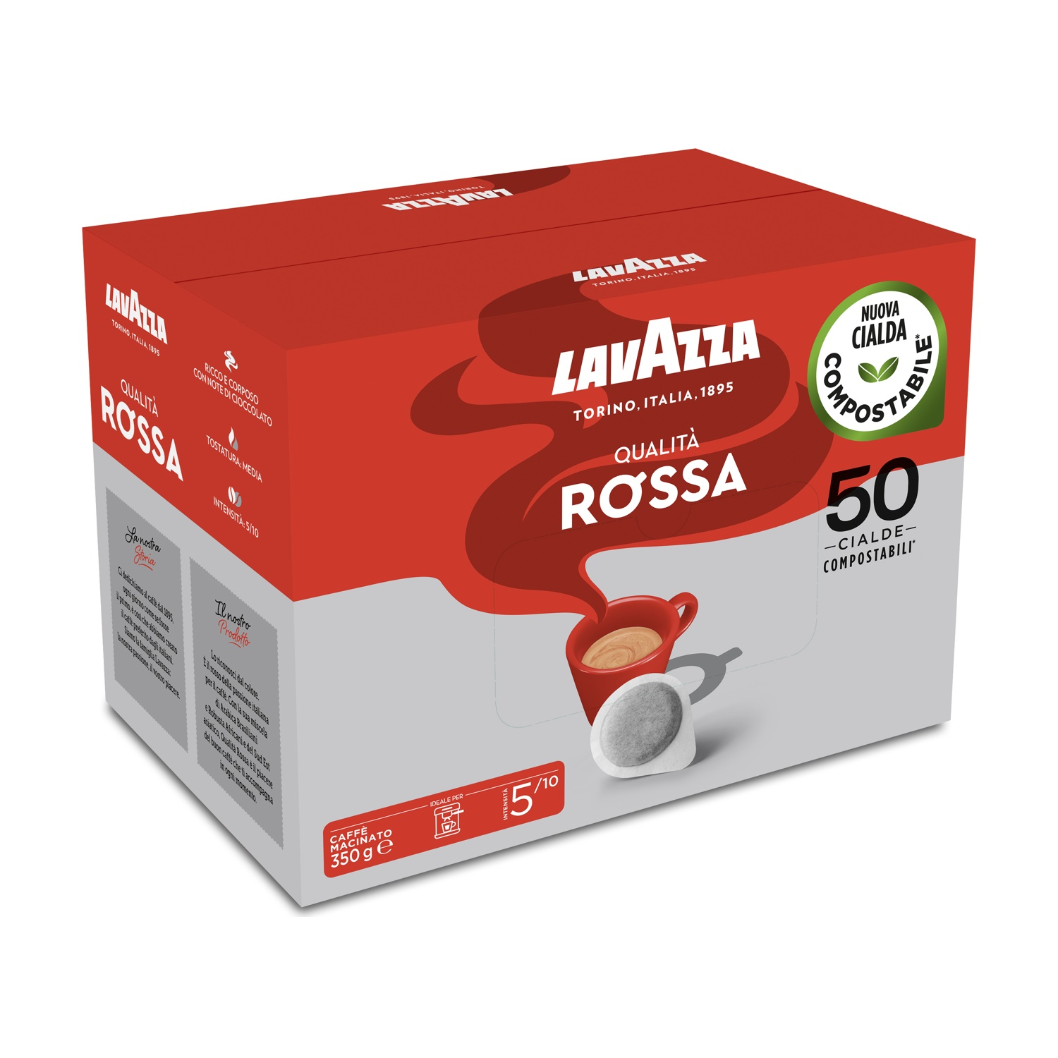 Una scatola di caffè Lavazza Qualità Rossa rossa. Ha testo e immagini, tra cui una tazza e cialde di caffè.