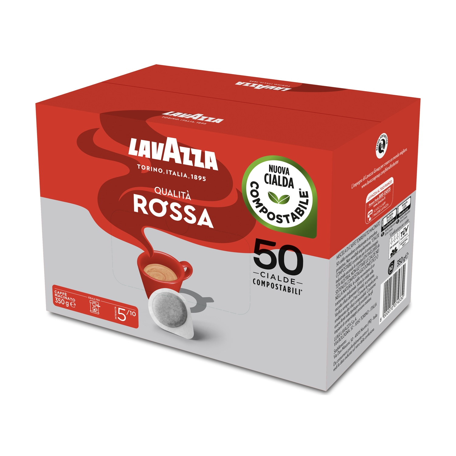 Scatola di caffè Lavazza rossa con 50 cialde di caffè compostabili. Testo include 'Qualità Rossa' e testo italiano.