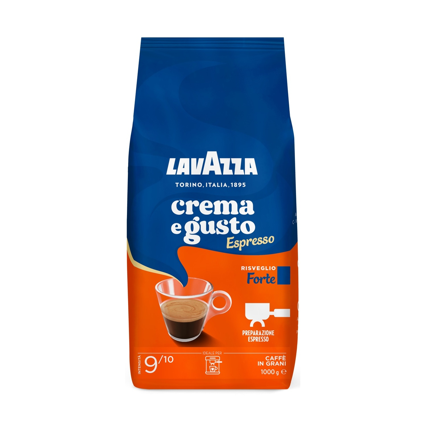 Confezione di caffè Lavazza blu e arancione. Presenta la scritta 'crema e gusto Espresso', con una tazza di caffè e testo.