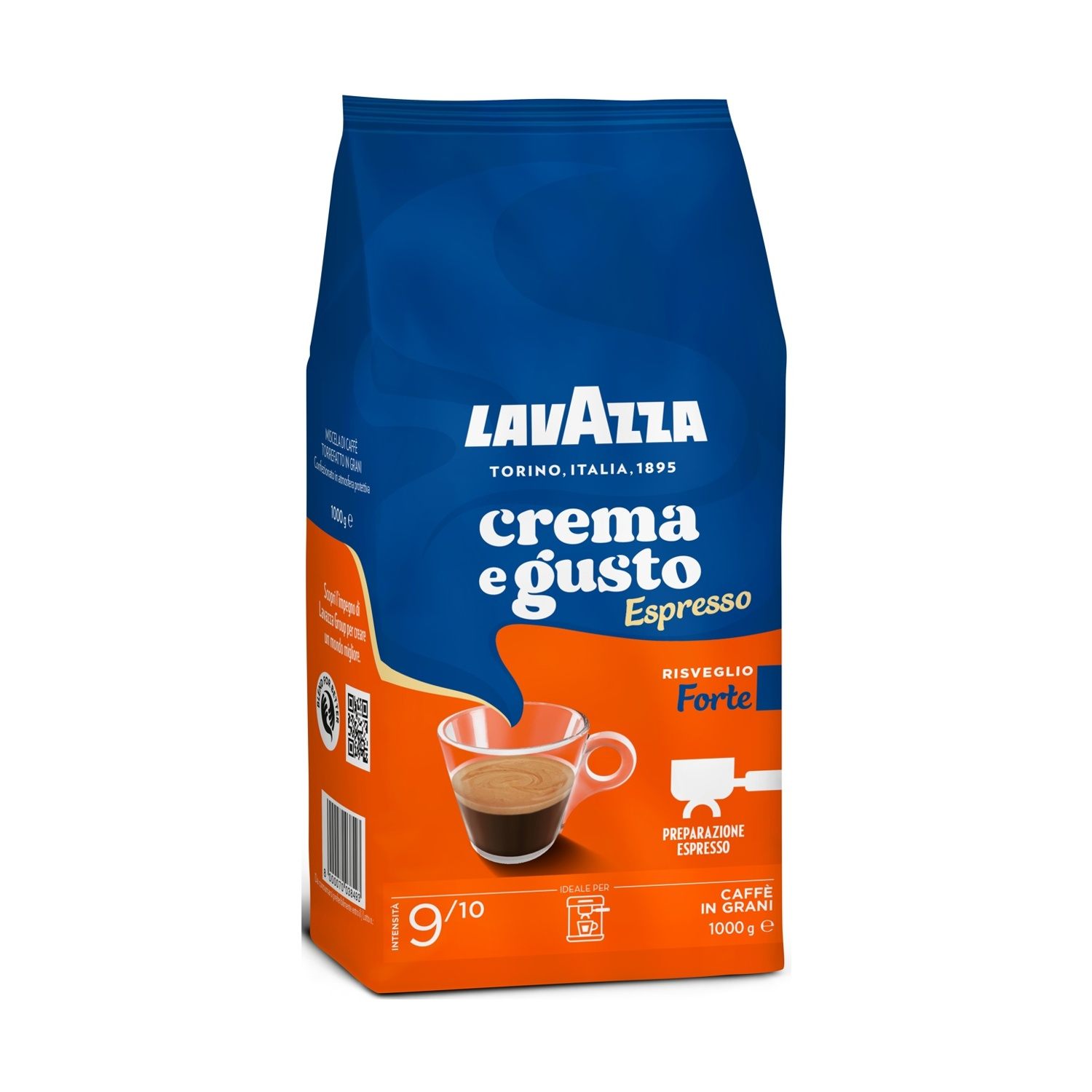 Un sacchetto di caffè Lavazza. Parte superiore blu, inferiore arancione. Contiene le parole "crema e gusto" e un'immagine di tazza di caffè.