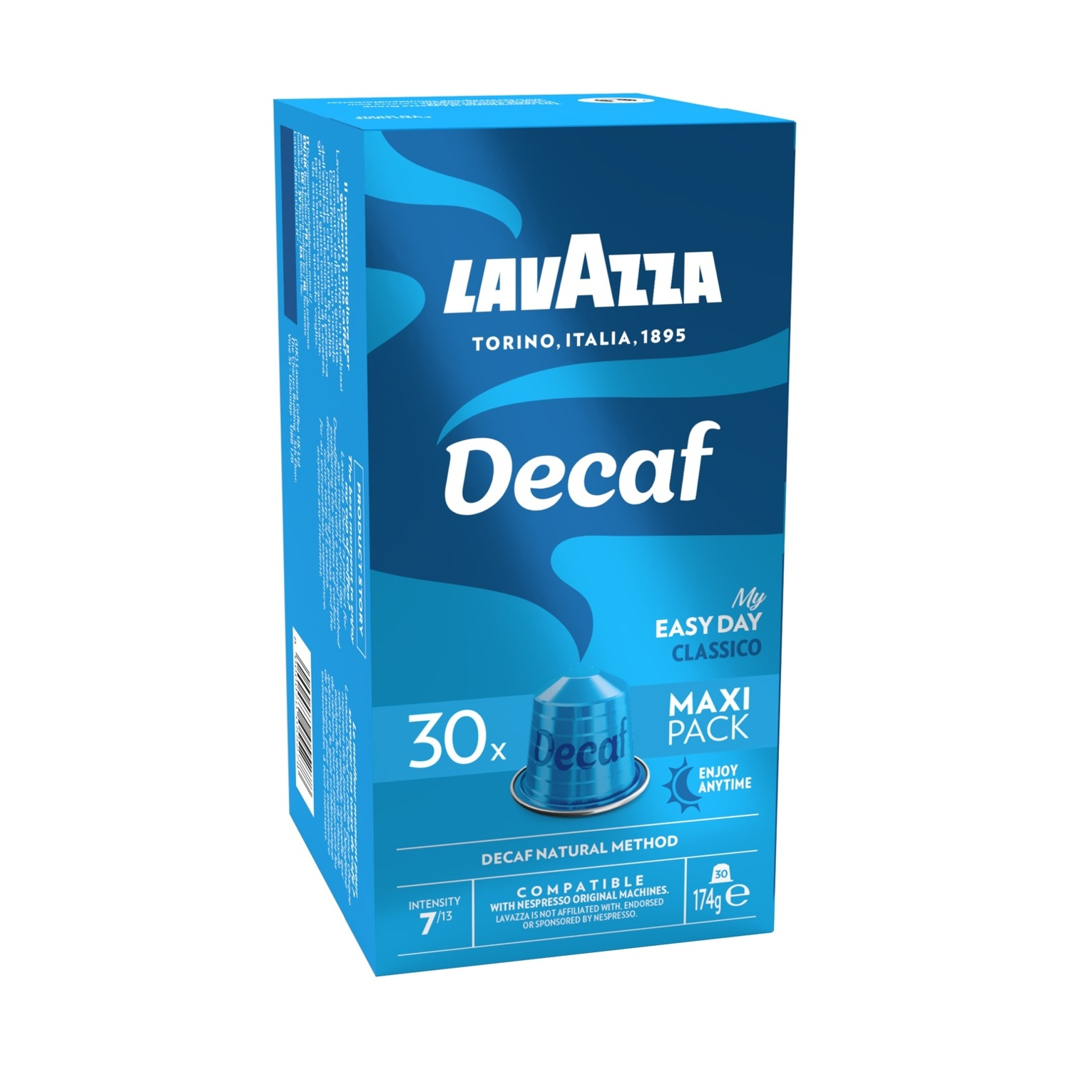 È esposta una scatola di caffè Lavazza Decaf. È blu, con la scritta Decaf e promuove Easy Day Classico. Contiene 30 capsule.