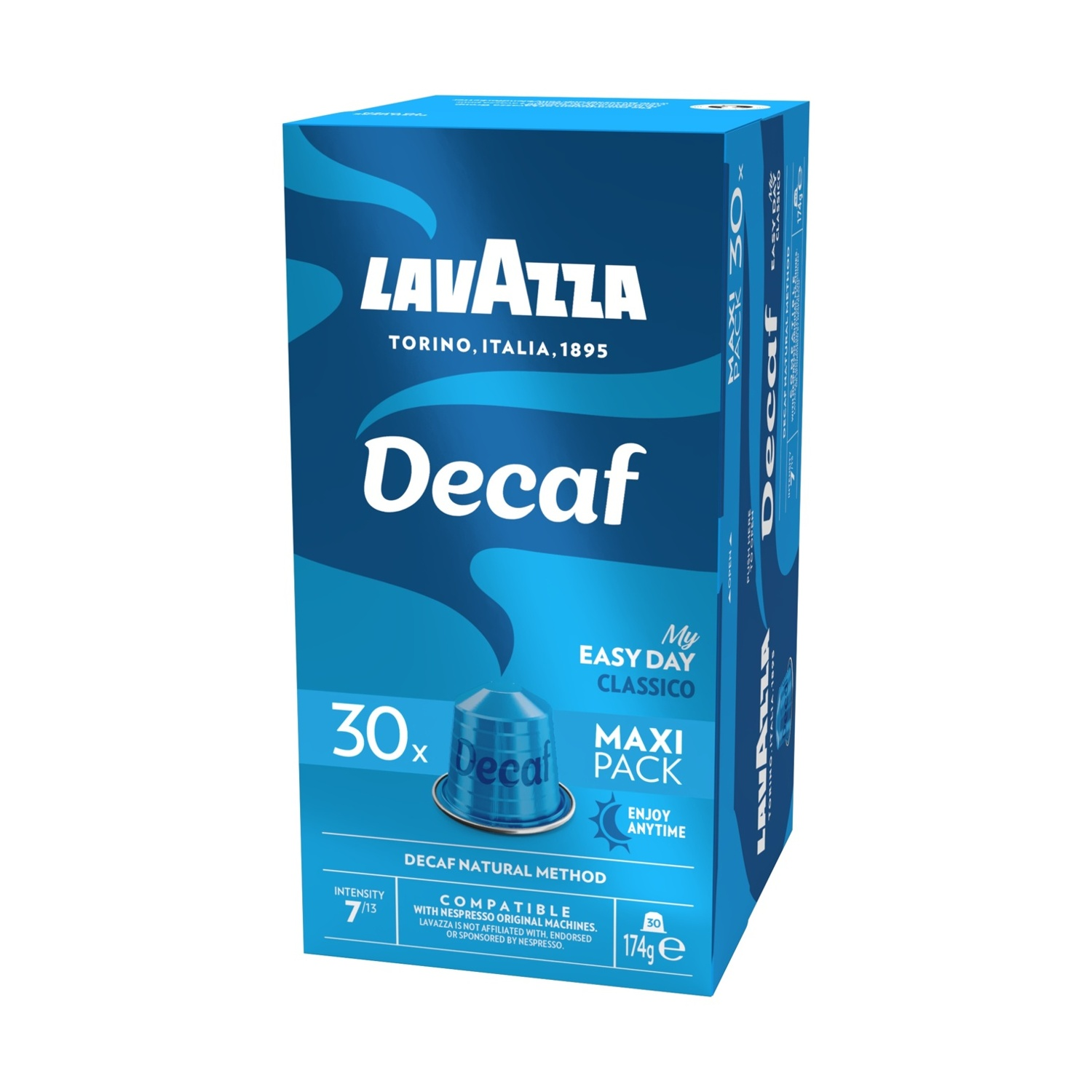 Una scatola di caffè Lavazza Decaf. Blu con testo bianco. Dice 'Decaf' e '30x'. Dice anche 'MAXI PACK'.