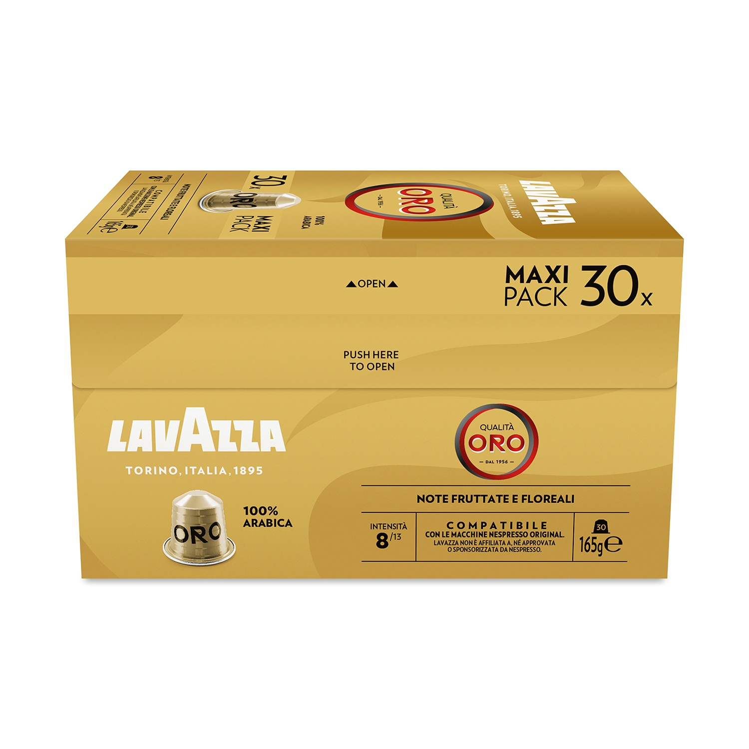 Una scatola d'oro di caffè Lavazza Oro con un pacco da 30 capsule. Ha il logo Lavazza e dettagli sul caffè.
