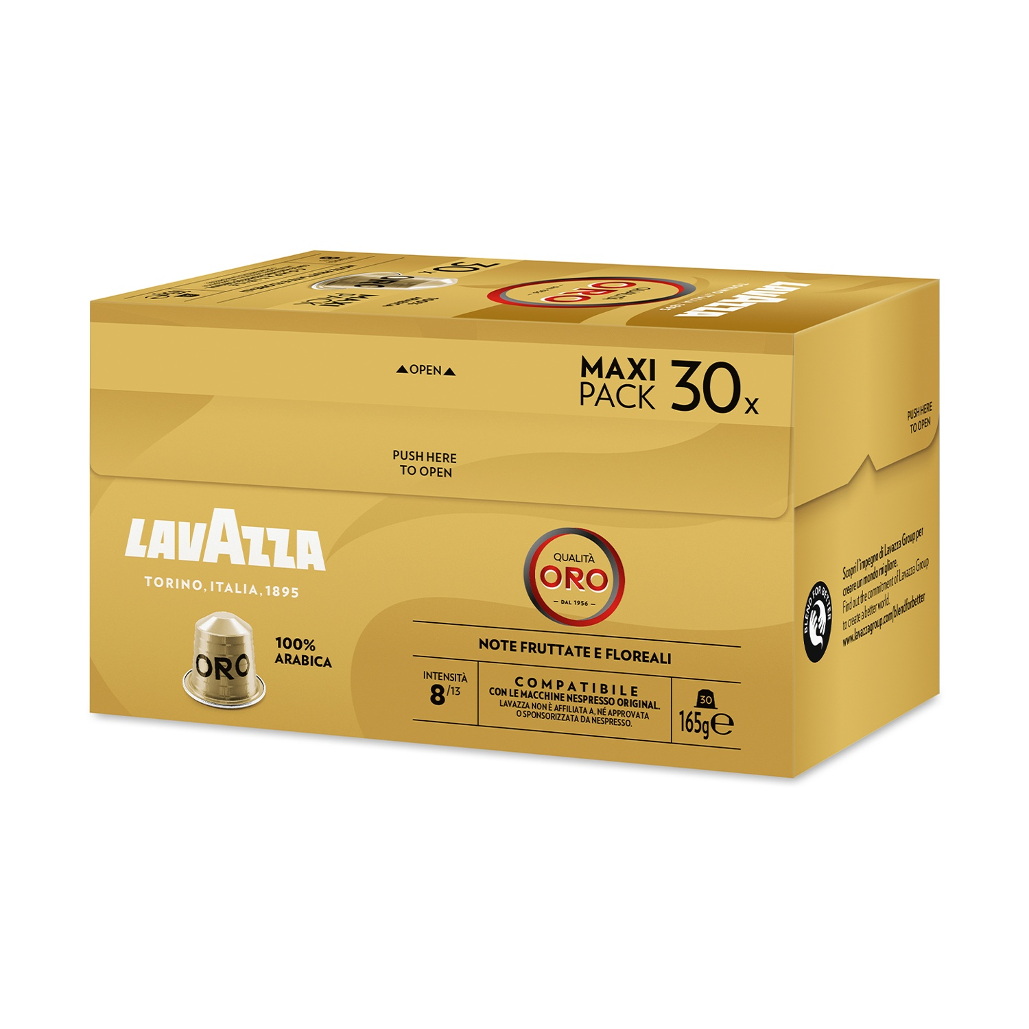Una scatola di caffè Lavazza dorata. Ha il marchio e i dettagli del prodotto. Il testo include 'ORO' e 'MAXI PACK 30x'.