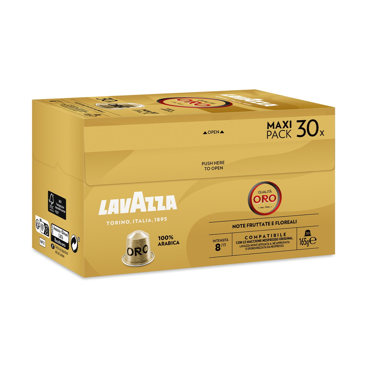 Una scatola di caffè Lavazza Oro dorata. Dice "Maxi Pack 30x". Include capsule di caffè, un logo e testo sul prodotto.