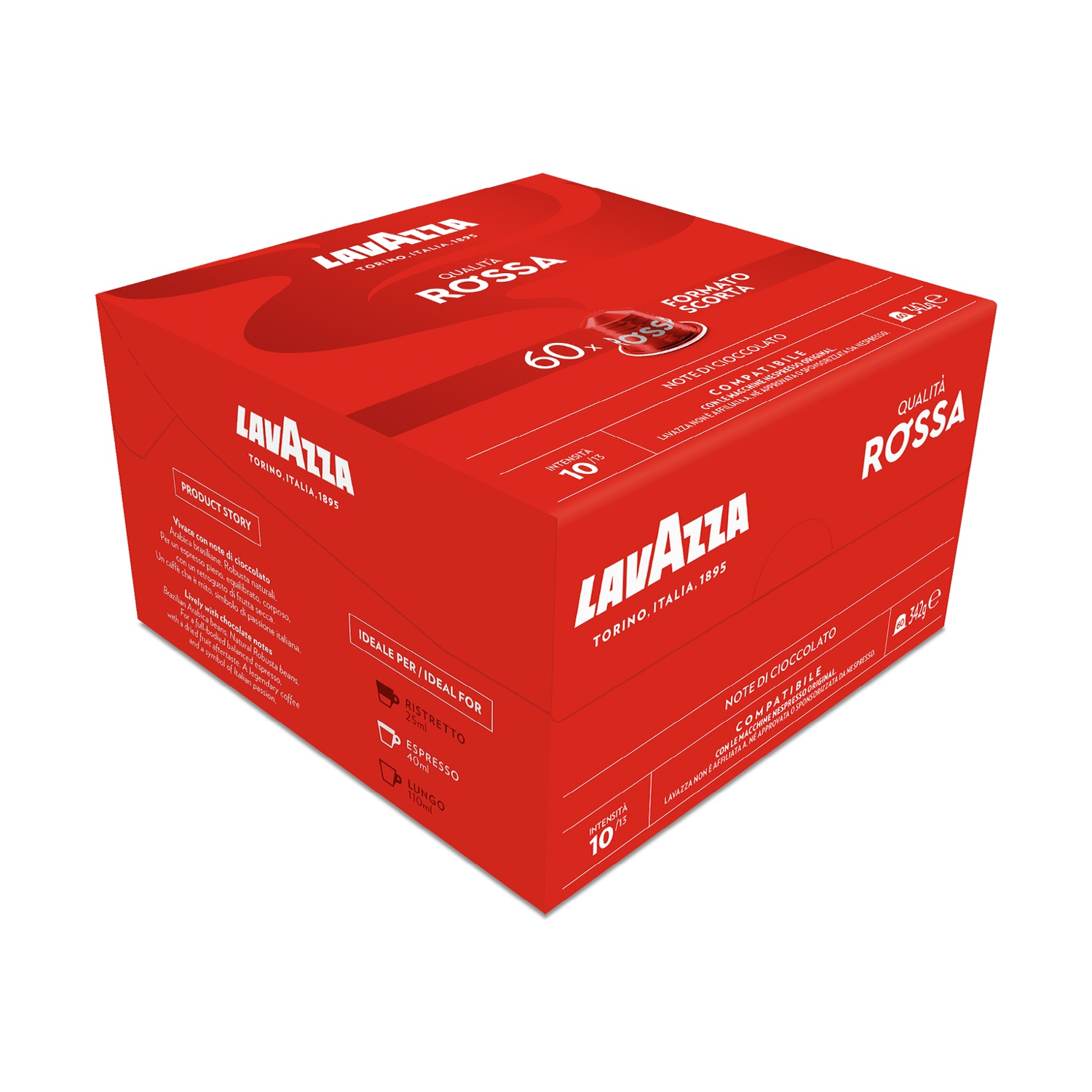 Scatola di caffè Lavazza rossa. Testo e loghi, tra cui 'Qualita Rossa'. Contiene 60 capsule. Dettagli sulle note di caffè e intensità.