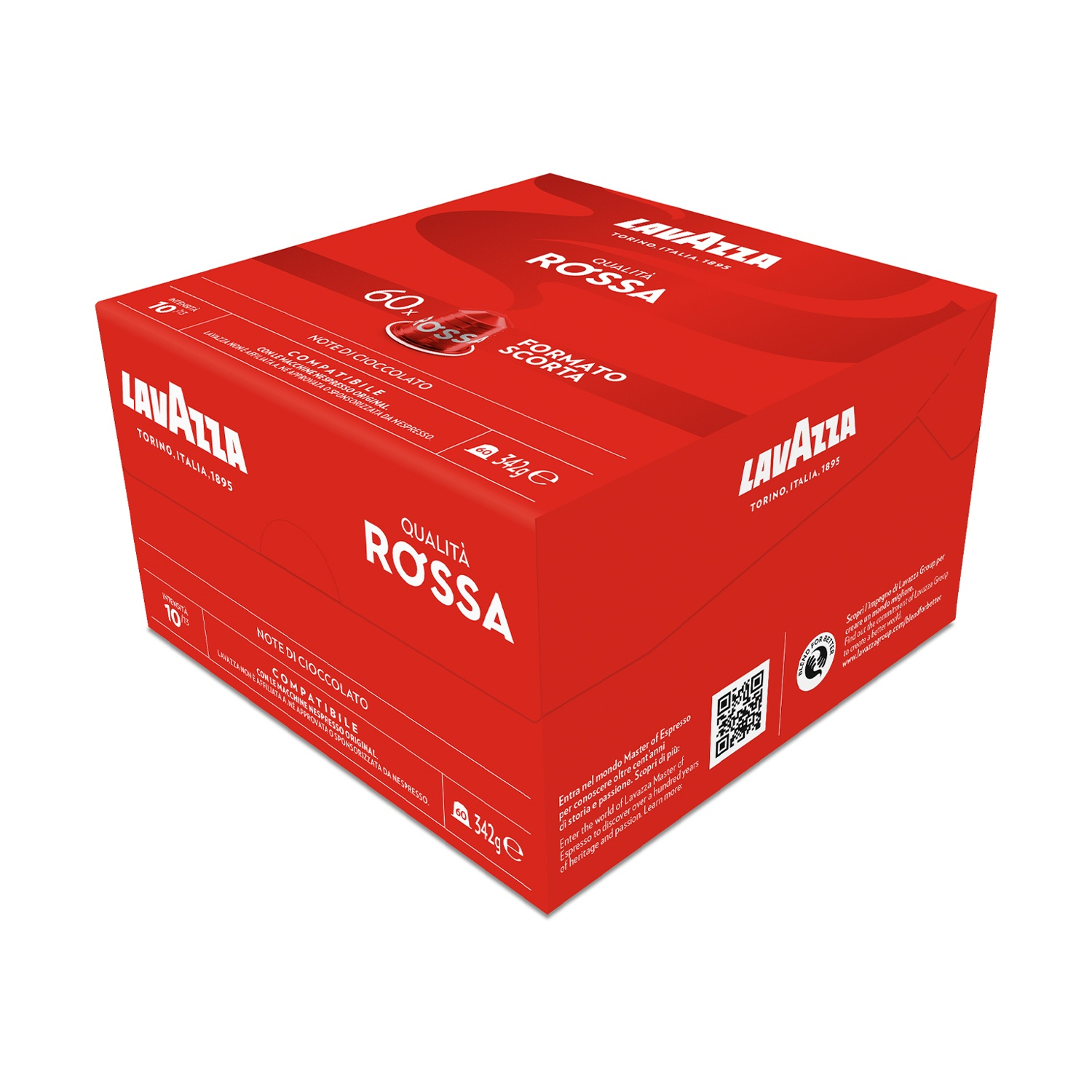 Scatola di caffè Lavazza rossa con 'Qualita Rossa' e '60'. Contiene testo in italiano e inglese.
