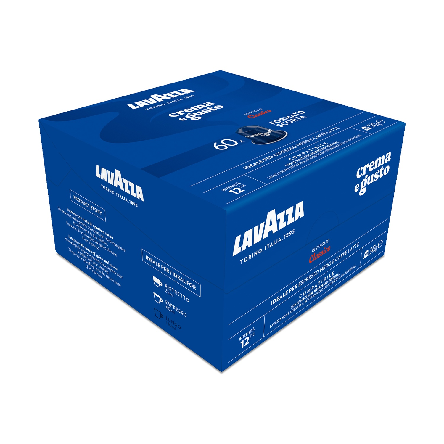 Una scatola di caffè Lavazza blu con testo e capsule di caffè. La scatola dice 'crema e gusto' e 'espresso'.