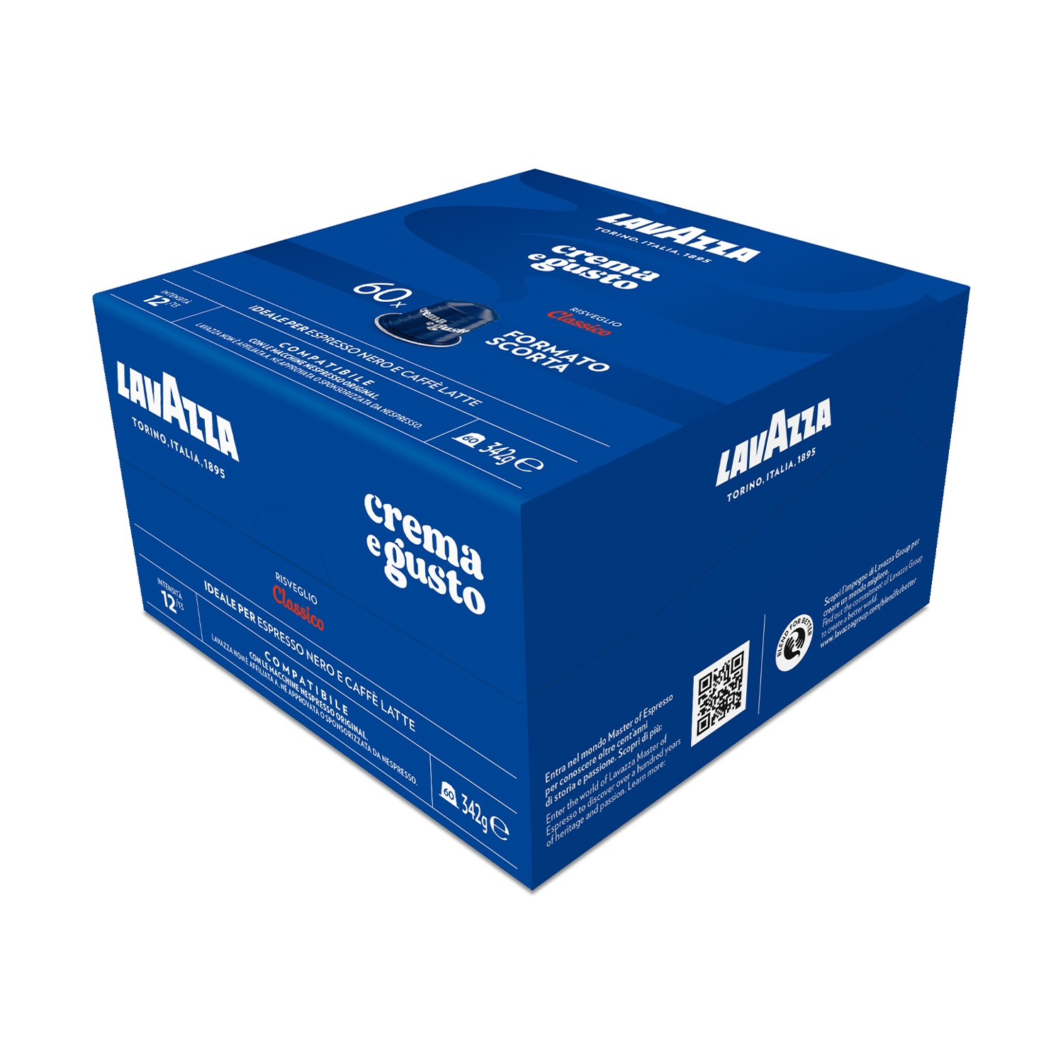 Scatola blu di capsule di caffè Lavazza. C'è scritto 'crema e gusto', 'Classico' e '60'. Compatibile con le macchine Nespresso.