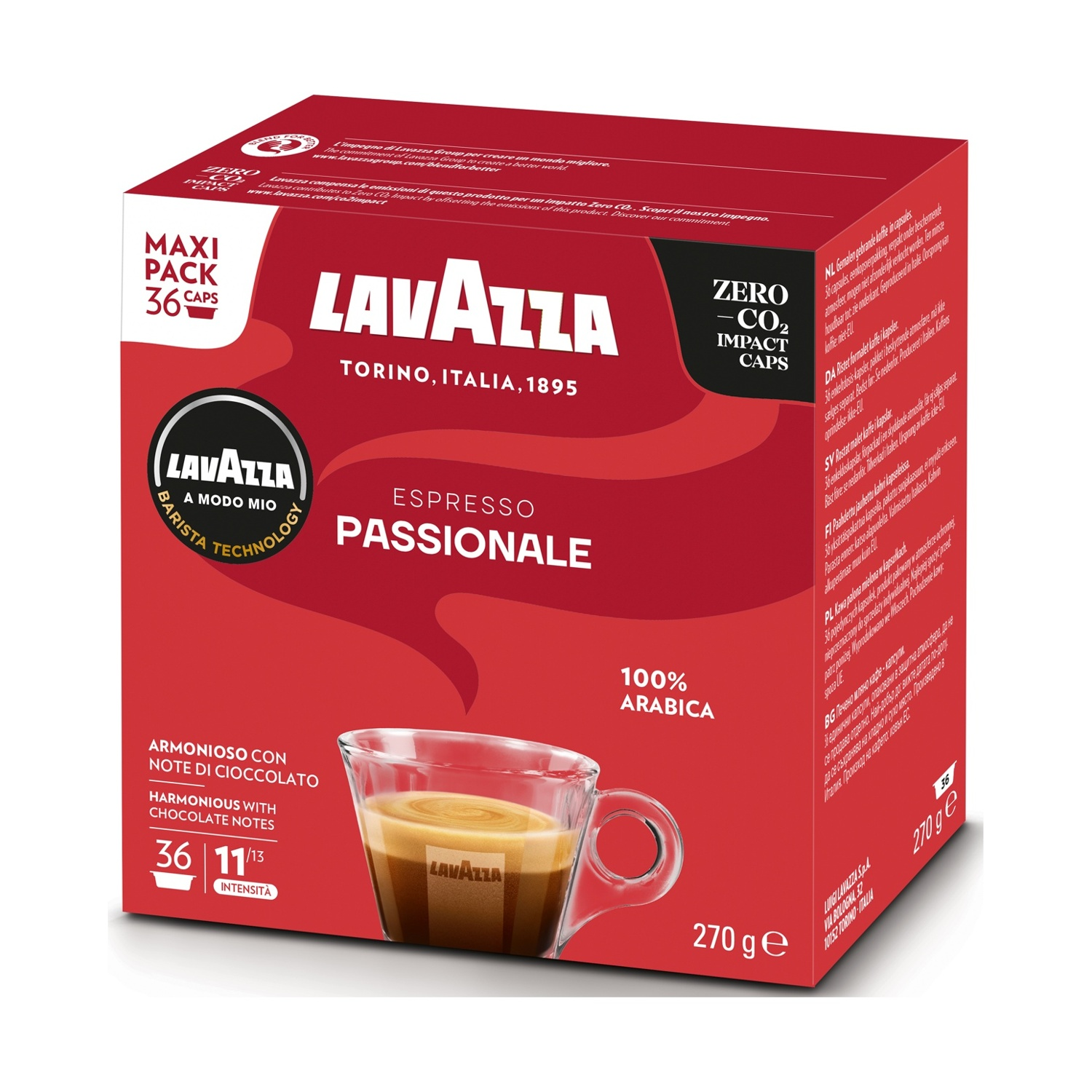 Scatola di caffè Lavazza con immagine tazza, nome prodotto Espresso Passionale, con 36 capsule e 100% Arabica.