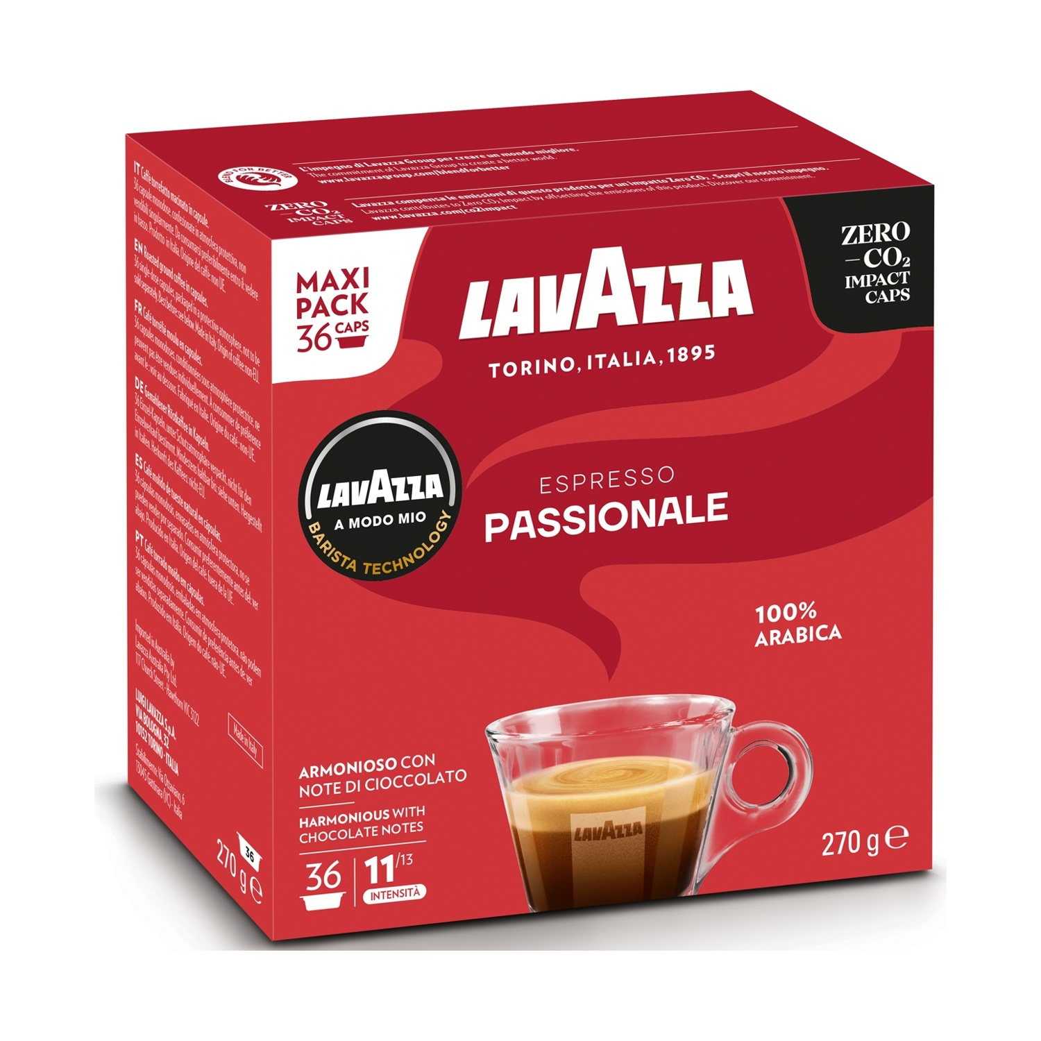 Scatola di caffè Lavazza con una tazza di caffè. Scatola rossa con testo, logo e immagine di una tazza di caffè.