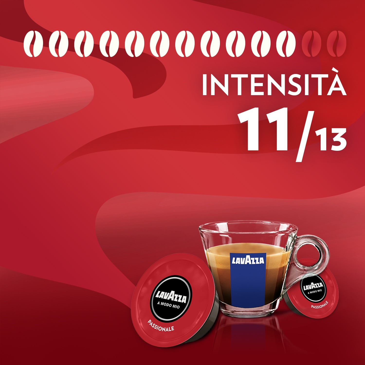 Tazza di caffè con caffè e logo Lavazza, due capsule rosse e testo 'Intensita 11/13' su sfondo rosso.