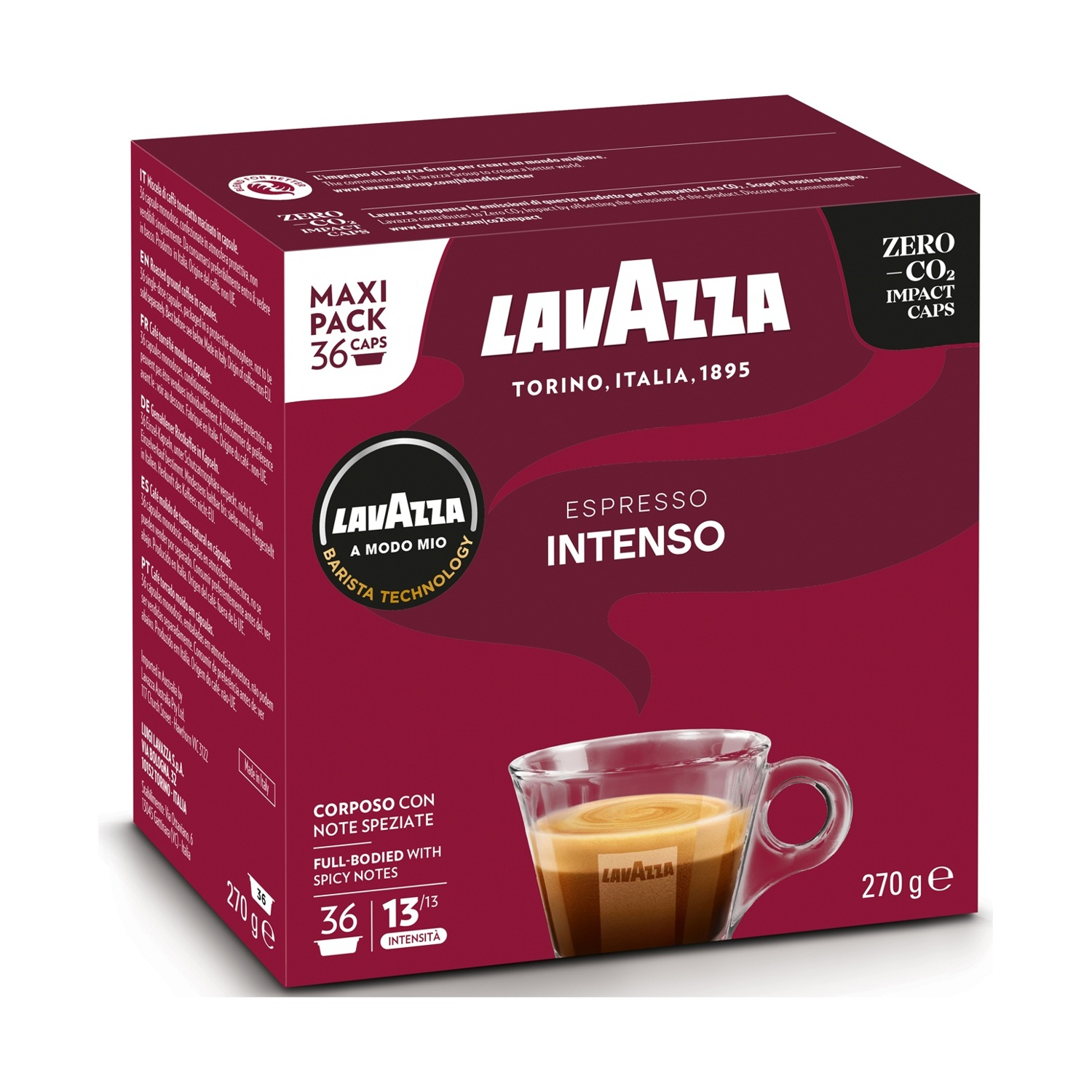 Scatola di caffè Lavazza rossa con tazza. La scatola ha testo e immagine tazza di caffè.