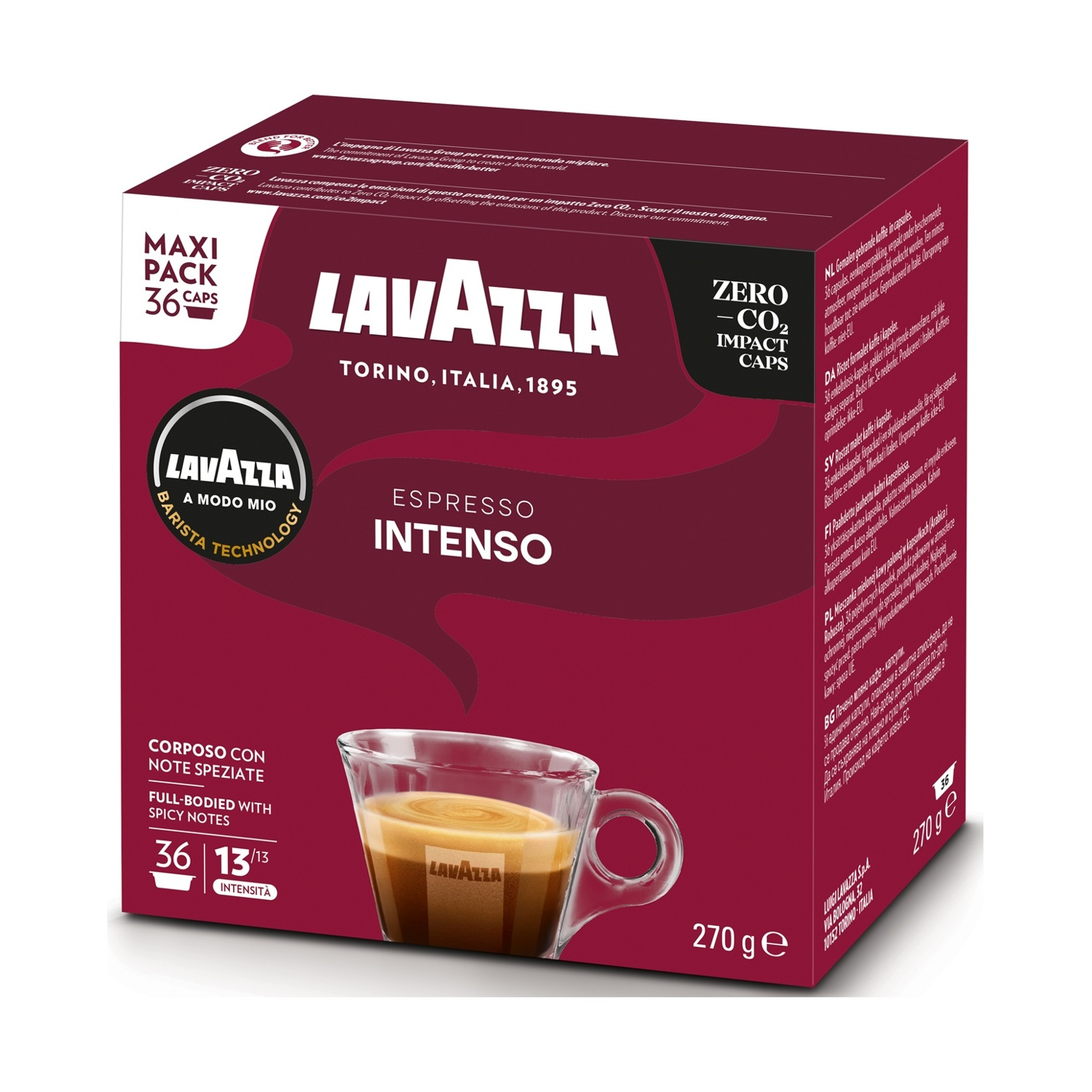 Scatola di caffè Lavazza con tazza di espresso. Testo: 'Espresso Intenso' e '36 capsule'.