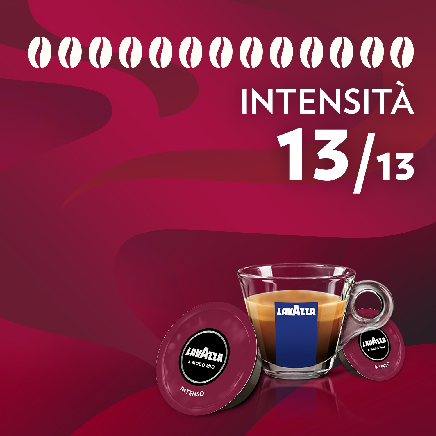 Immagine con caffè Lavazza, cialde e tazza. Intensità 13/13. Sfondo con icone di chicchi di caffè e gradiente bordeaux.