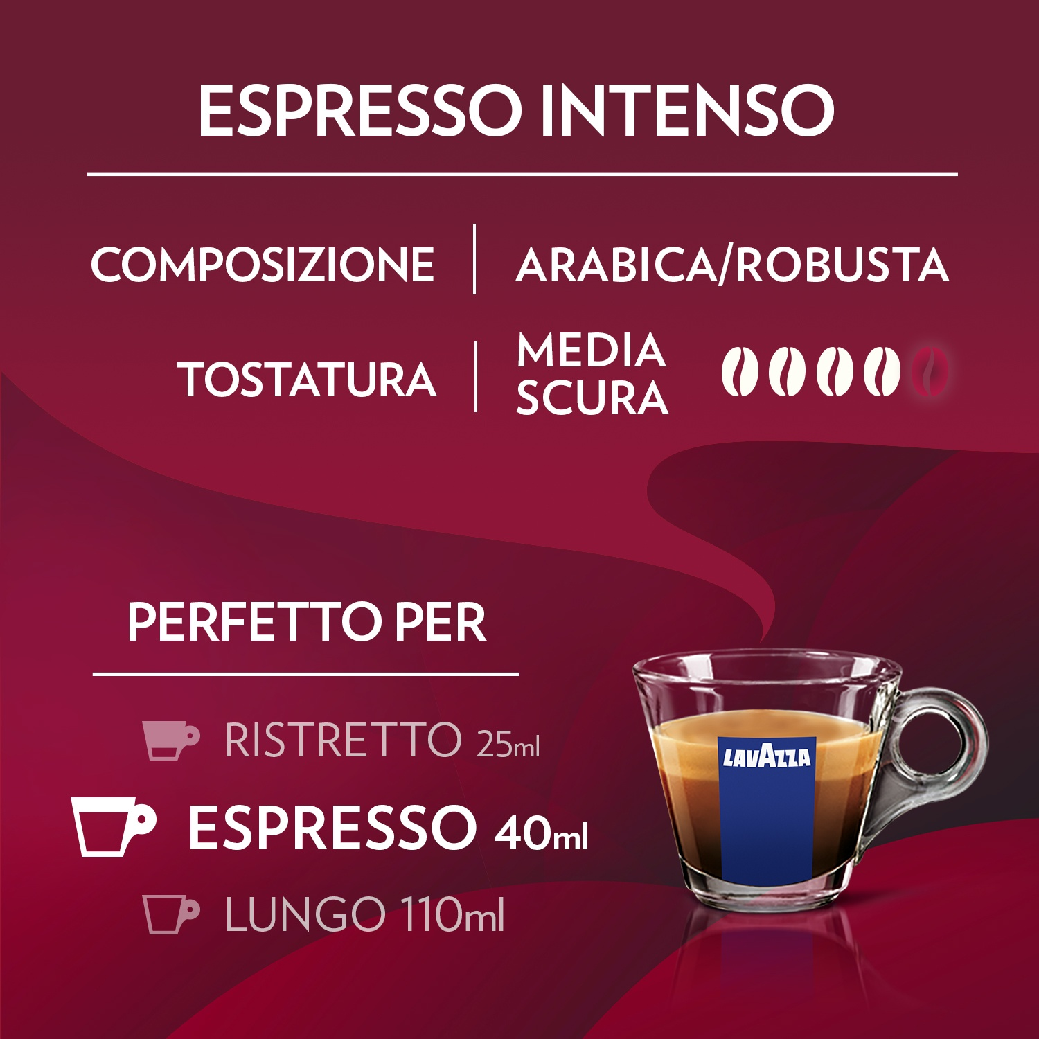 Una tazzina di caffè espresso con il logo Lavazza e testo sulla composizione del caffè, la tostatura e i tipi di caffè, come ristretto, espresso e lungo.