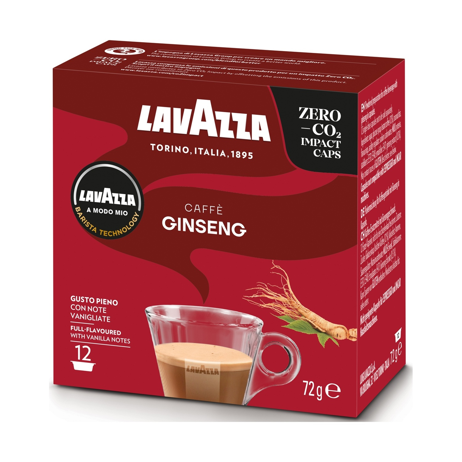Scatola di caffè Lavazza con ginseng, una tazza di caffè e testo. La scatola è rossa. La tazza è trasparente.