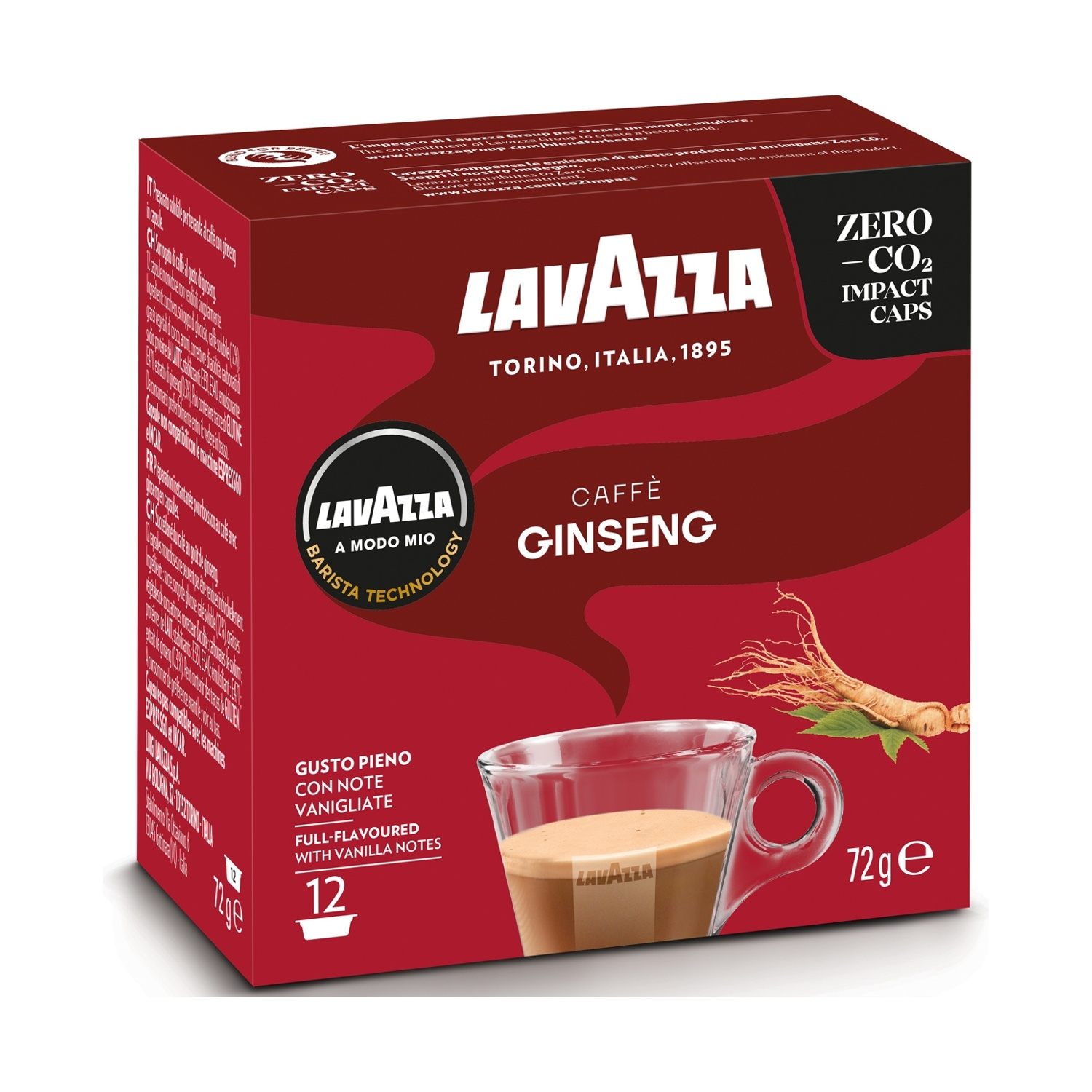 Una scatola di caffè Lavazza rossa con una tazza di caffè, radice di ginseng e le parole 'Caffè Ginseng'.