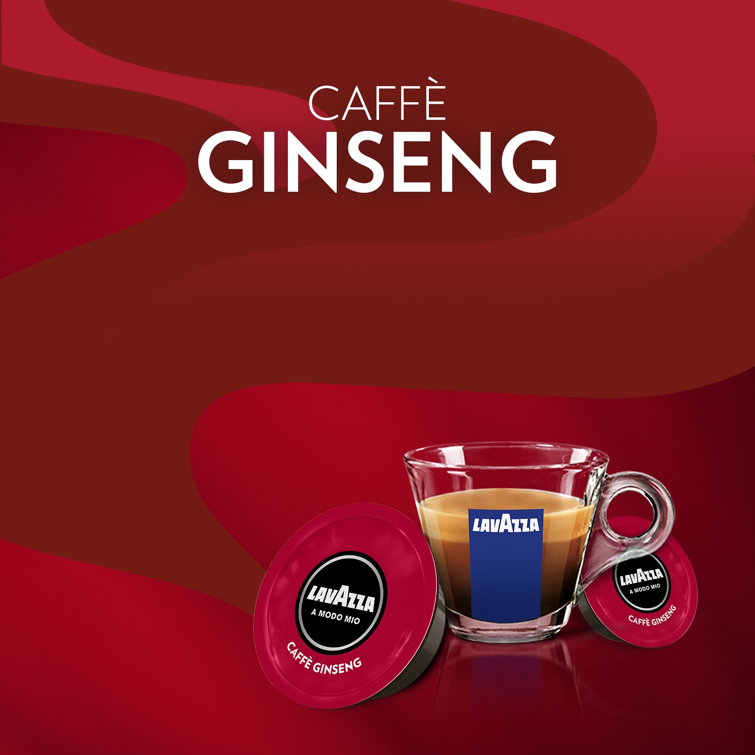 Un'immagine presenta una tazza di caffè e capsule di caffè con il logo Lavazza. Lo sfondo è rosso con la scritta 'CAFFÈ GINSENG'.