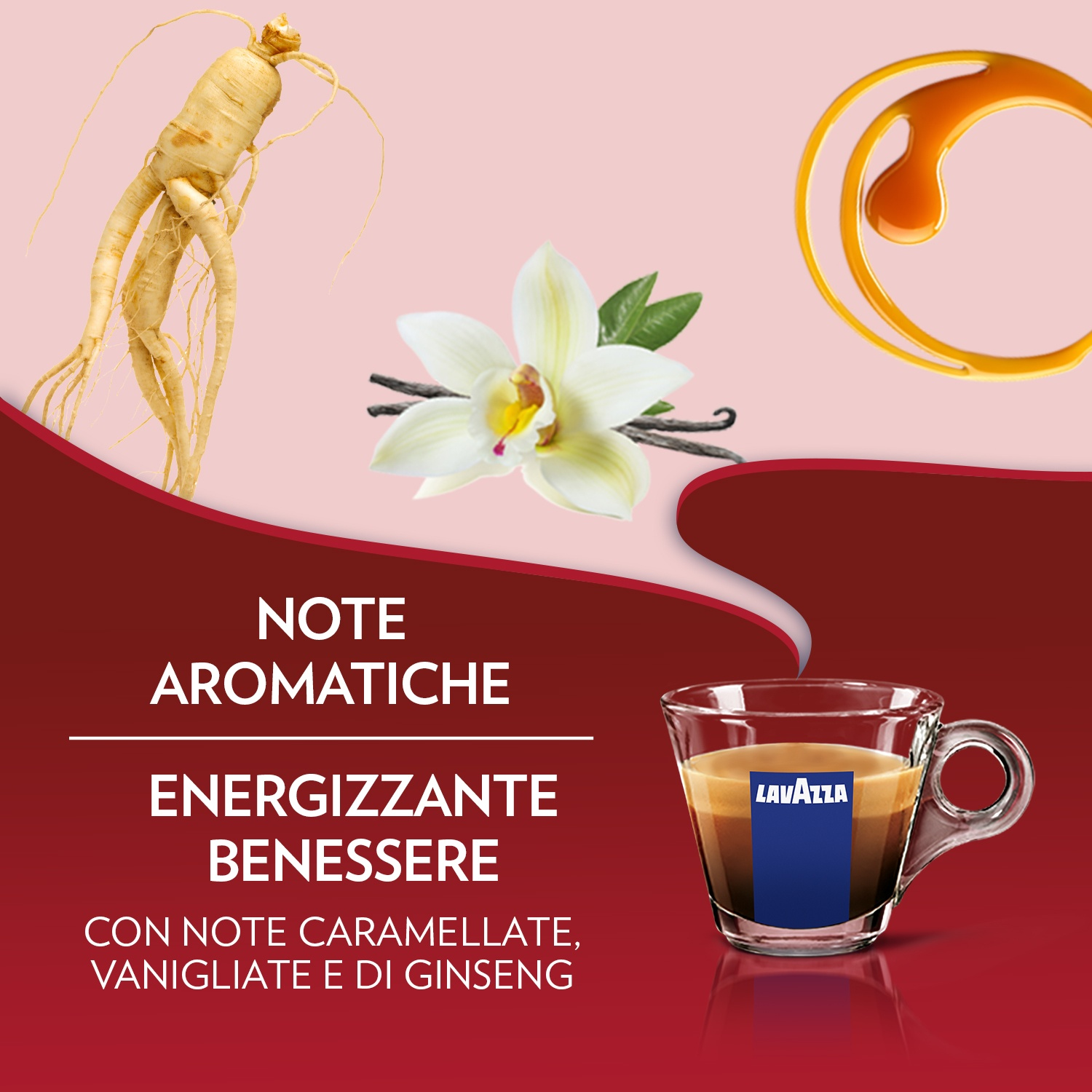 L'immagine mostra radice di ginseng, fiore di vaniglia, spirale di caramello e tazza di caffè con logo Lavazza. Testo su sfondo rosso.
