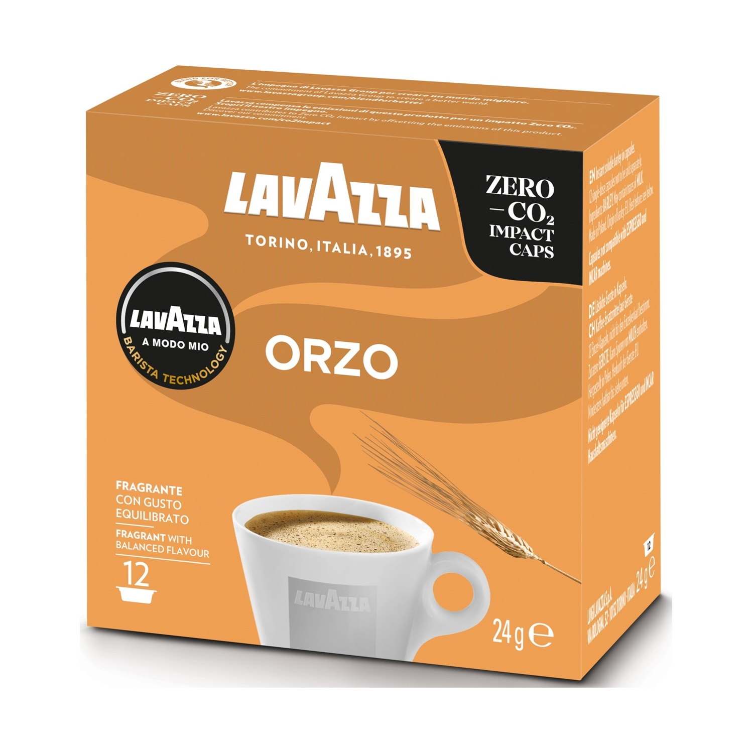 Una scatola Lavazza Orzo con una tazza di caffè e orzo. La scatola è arancione e bianca, con testo in più lingue.
