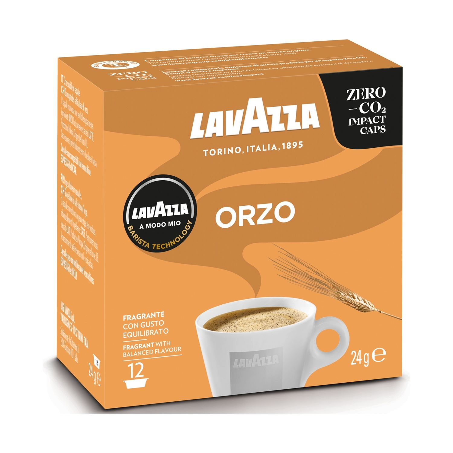 Una scatola di capsule di caffè Lavazza Orzo. Presenta una tazza di caffè, una spiga di grano e il marchio in arancione e bianco.