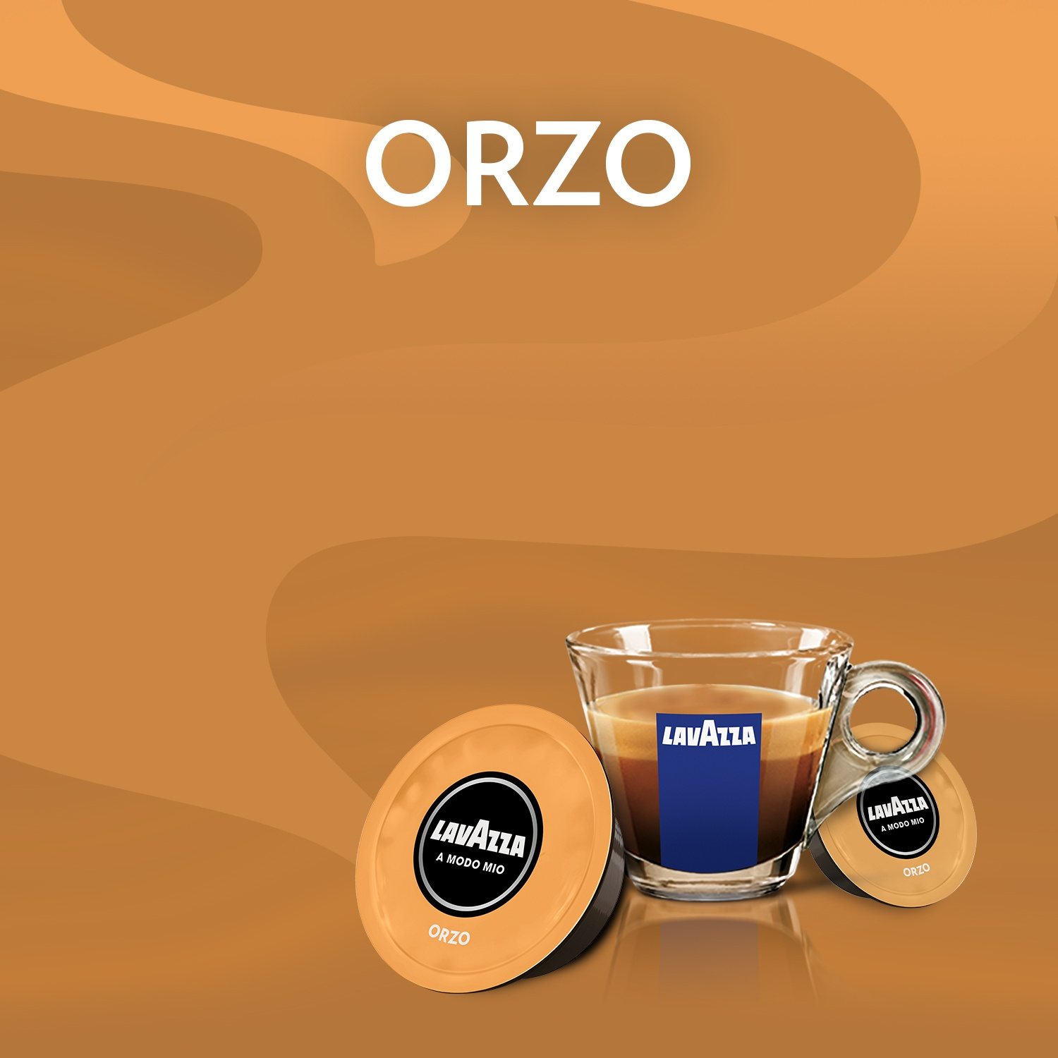 L'immagine mostra tazza e capsule di caffè. La parola 'ORZO' è in alto. La tazza ha il logo Lavazza e le capsule dicono 'A Modo Mio'.