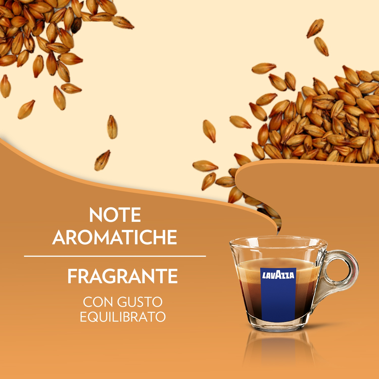 L'immagine mostra caffè con chicchi. Testo: NOTE AROMATICHE, FRAGRANTE, CON GUSTO EQUILIBRATO. Logo Lavazza sulla tazza.