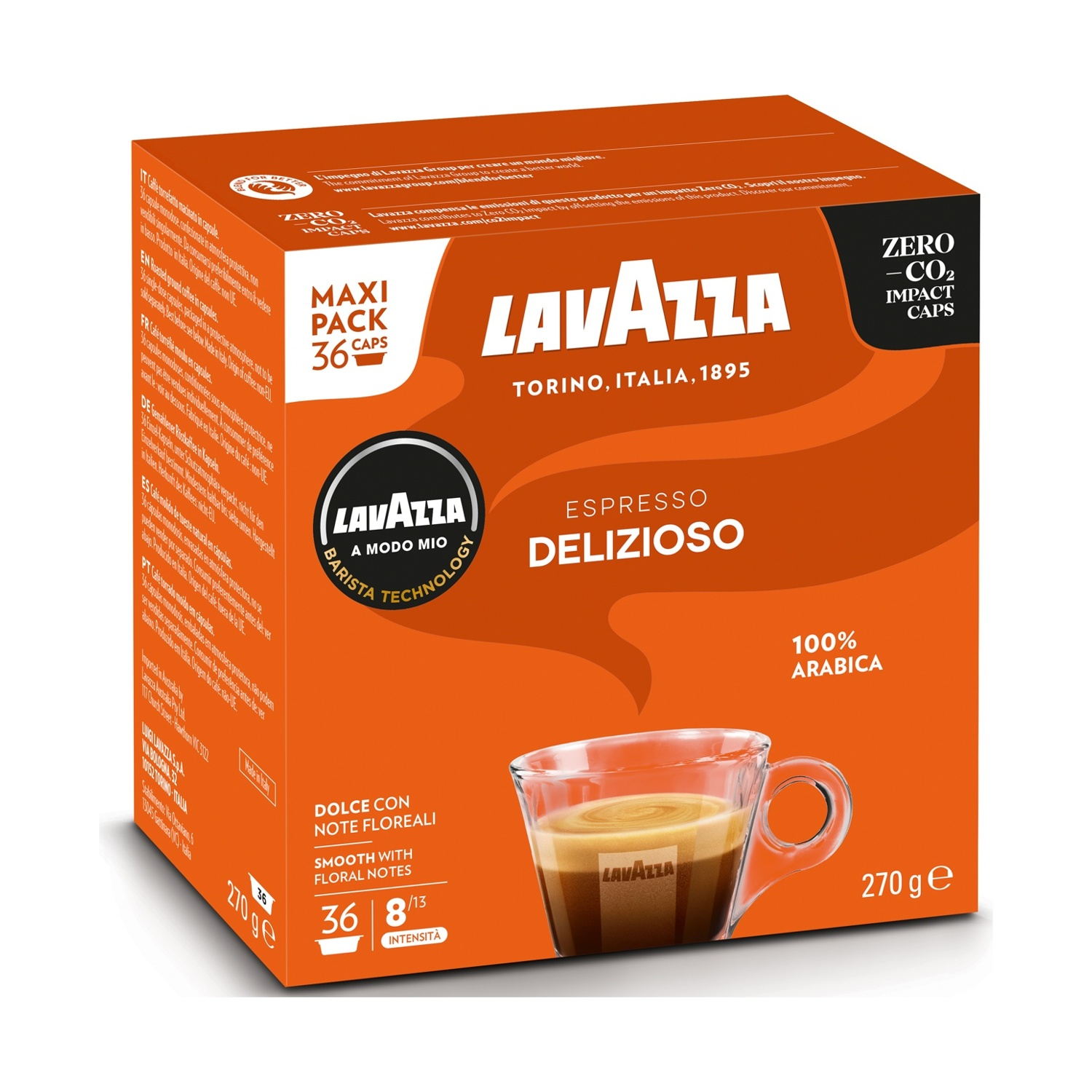 Scatola di caffè Lavazza con tazza di caffè. La scatola è arancione con testo. La tazza mostra espresso.