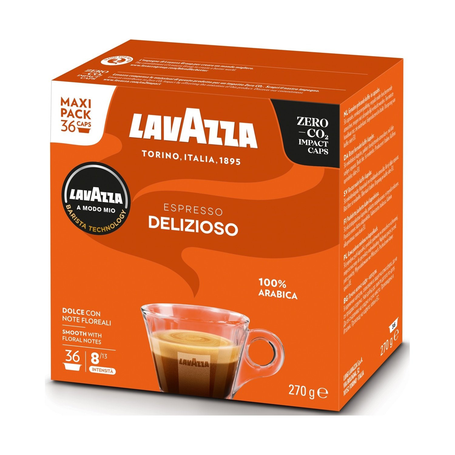 Scatola di caffè Lavazza arancione con tazza di caffè. Contiene 36 capsule, 100% Arabica, Espresso Delizioso.