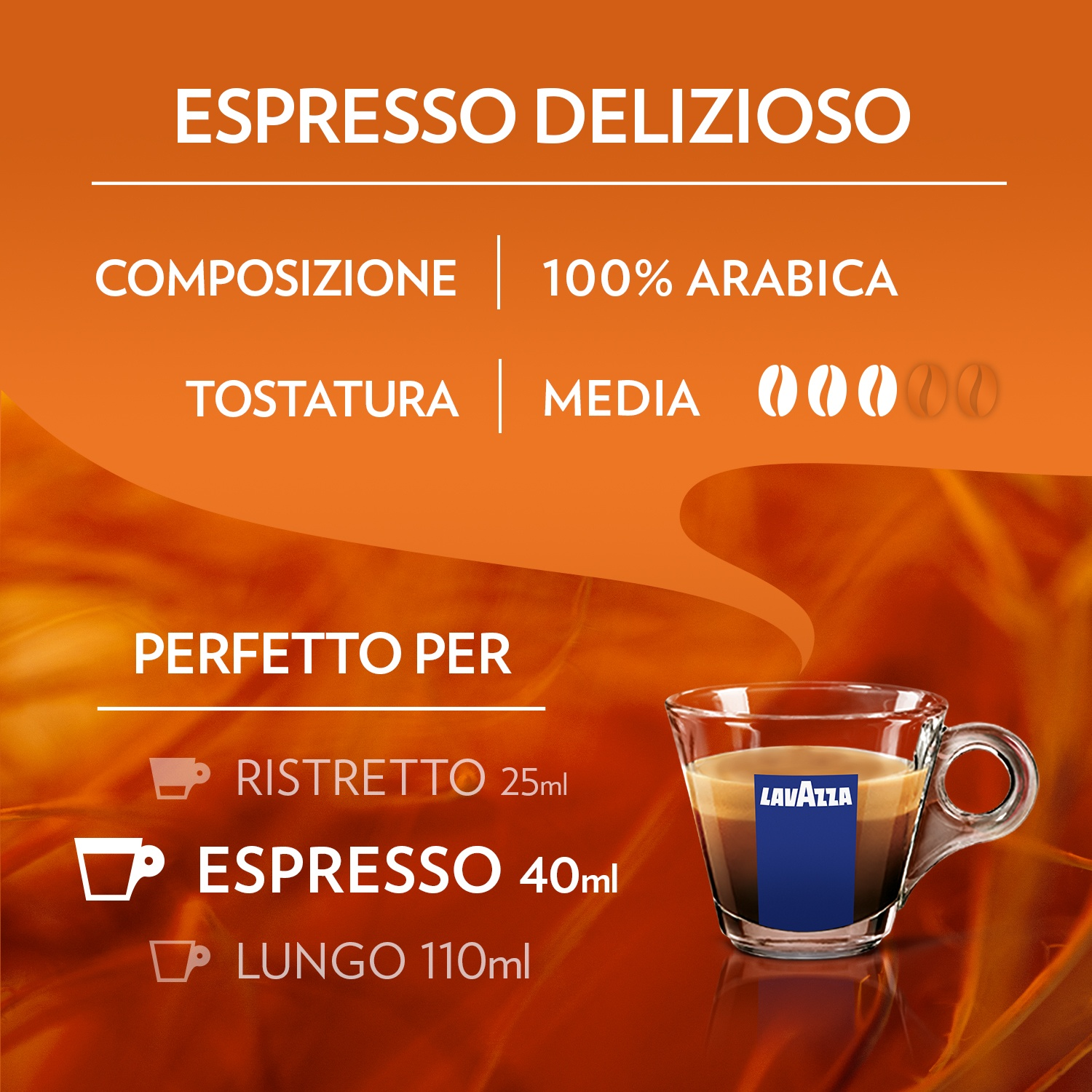 Una pubblicità per l'espresso Lavazza. Contiene testo sulla composizione e la tostatura. Una tazza di espresso è in basso a destra.