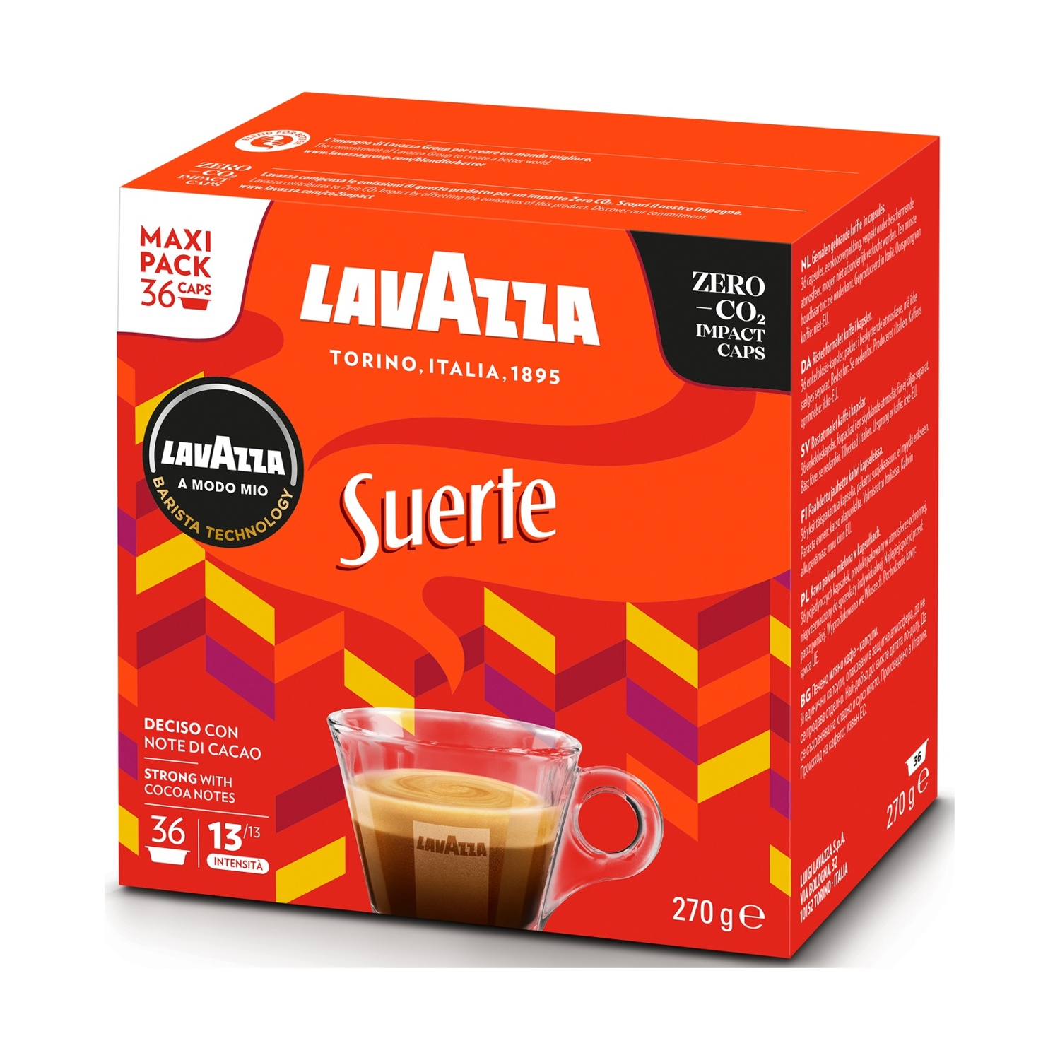 Una scatola di caffè Lavazza con una tazza di caffè. La scatola è rossa e ha il logo Lavazza. La tazza contiene caffè.