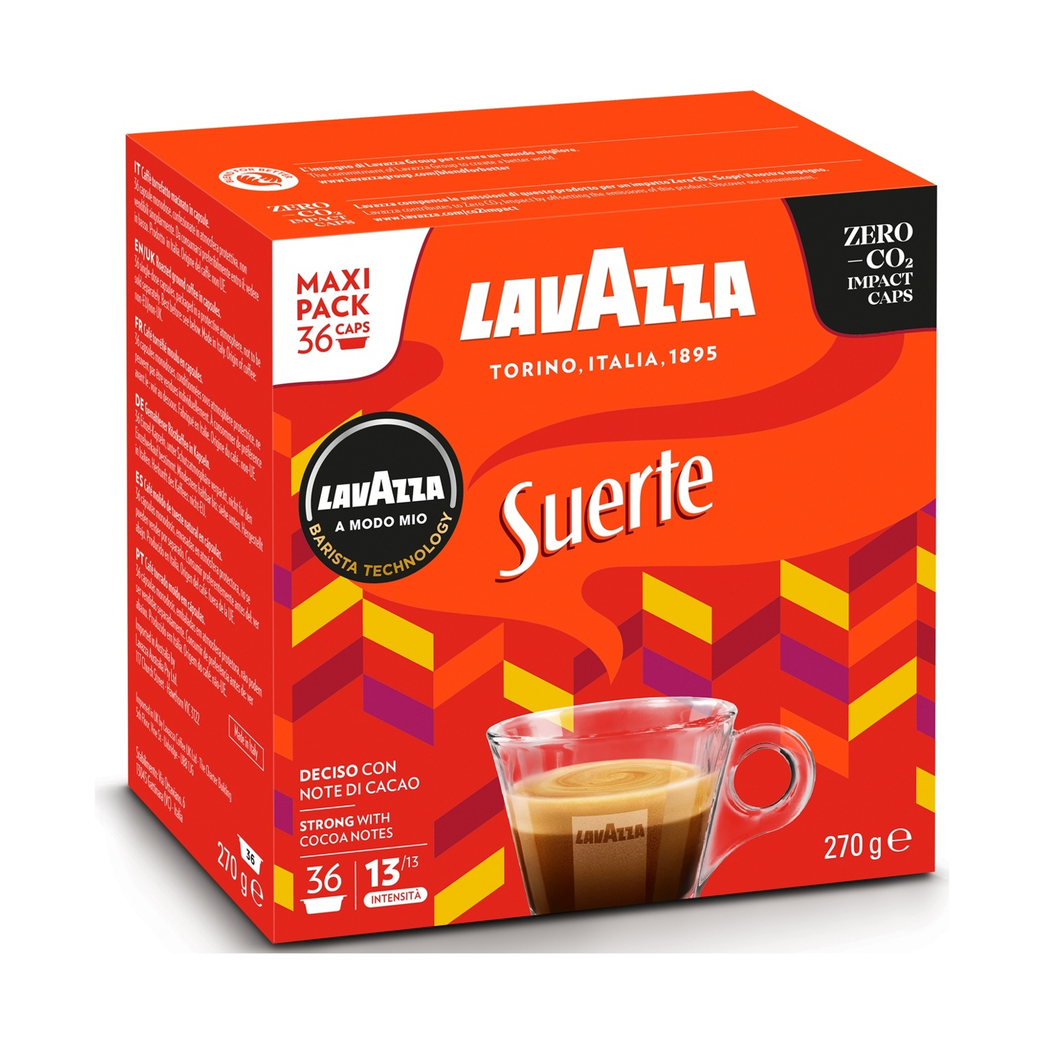 Scatola di cialde di caffè Lavazza, sfondo arancione, immagine della tazza di caffè. Testo: Suerte, Torino, Italia, 1895, 36 capsule.