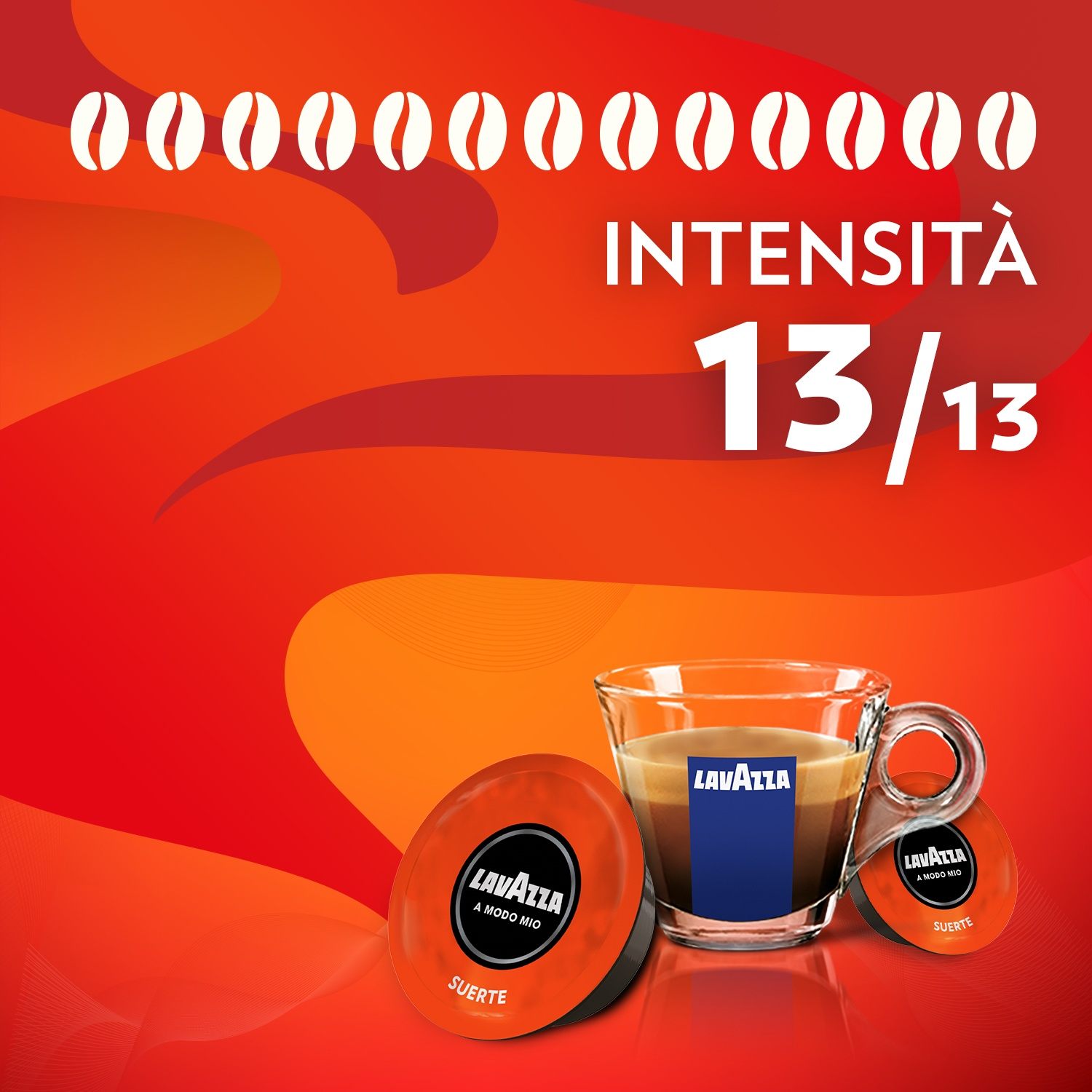 L'immagine presenta capsule di caffè Lavazza e una tazza di caffè. Il testo recita 'Intensità 13/13'.