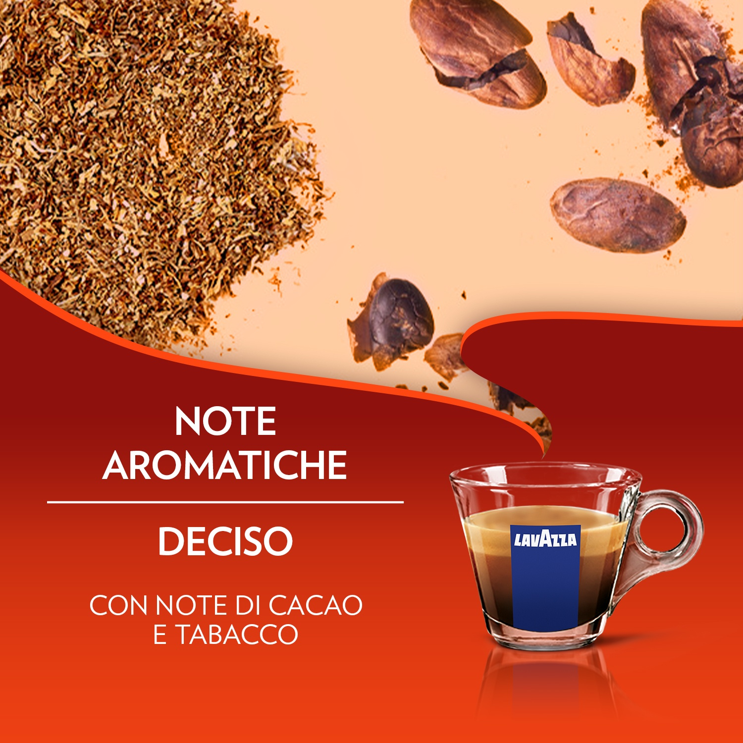 Tazza di caffè con logo Lavazza, chicchi di cacao, tabacco e testo italiano. Sfondo rosso e beige con testo: Note Aromatiche, Deciso.