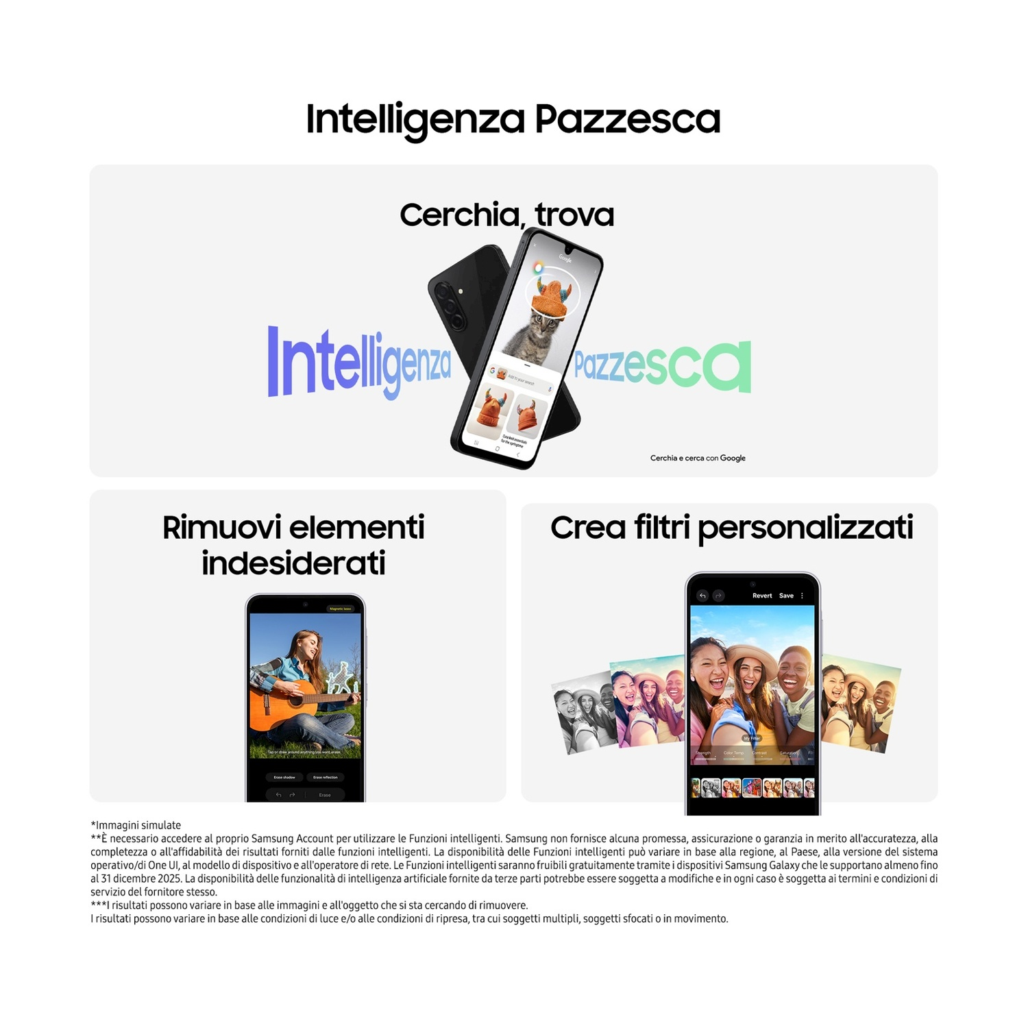 Una pubblicità Samsung mostra le funzioni: rimuovere oggetti e creare filtri. Visibili telefoni, testo e un gatto con cappello.