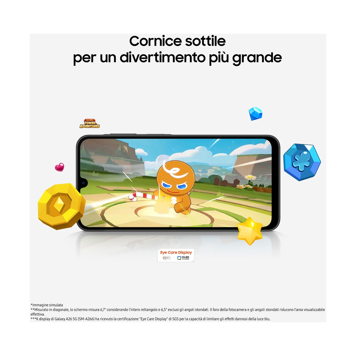 Un telefono mostra un gioco con un omino di pan di zenzero. Varie icone a tema gioco circondano il telefono. Testo sul display del telefono.