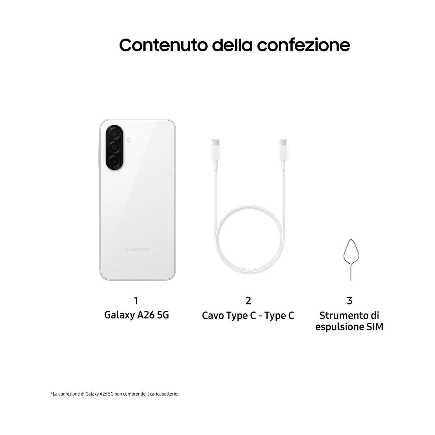 L'immagine mostra un telefono Samsung Galaxy A26 5G bianco, un cavo di tipo C e uno strumento di espulsione SIM, con testo in italiano.