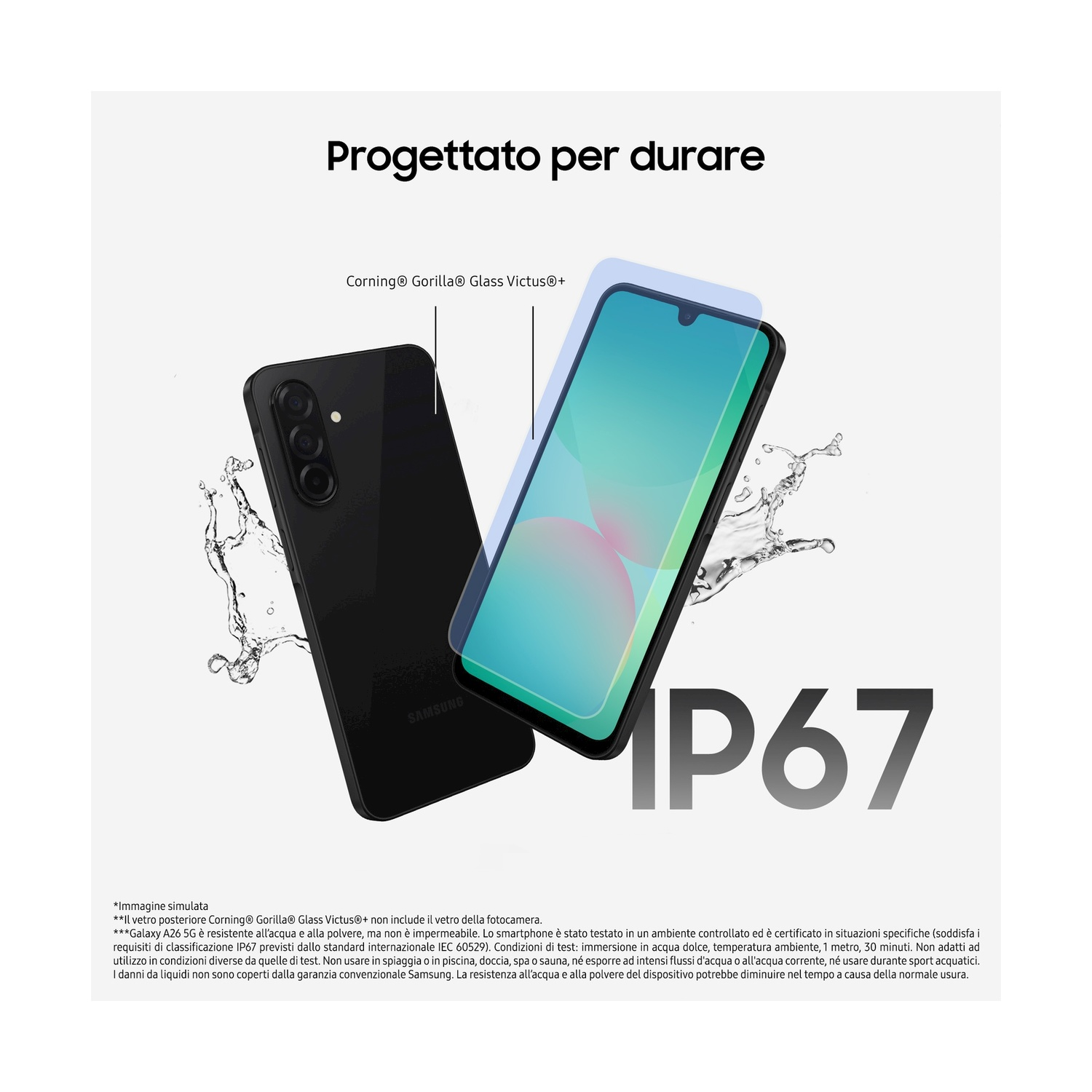 Un telefono nero con schizzi d'acqua e una protezione schermo blu. Il testo dice 'Progettato per durare' e 'IP67'.