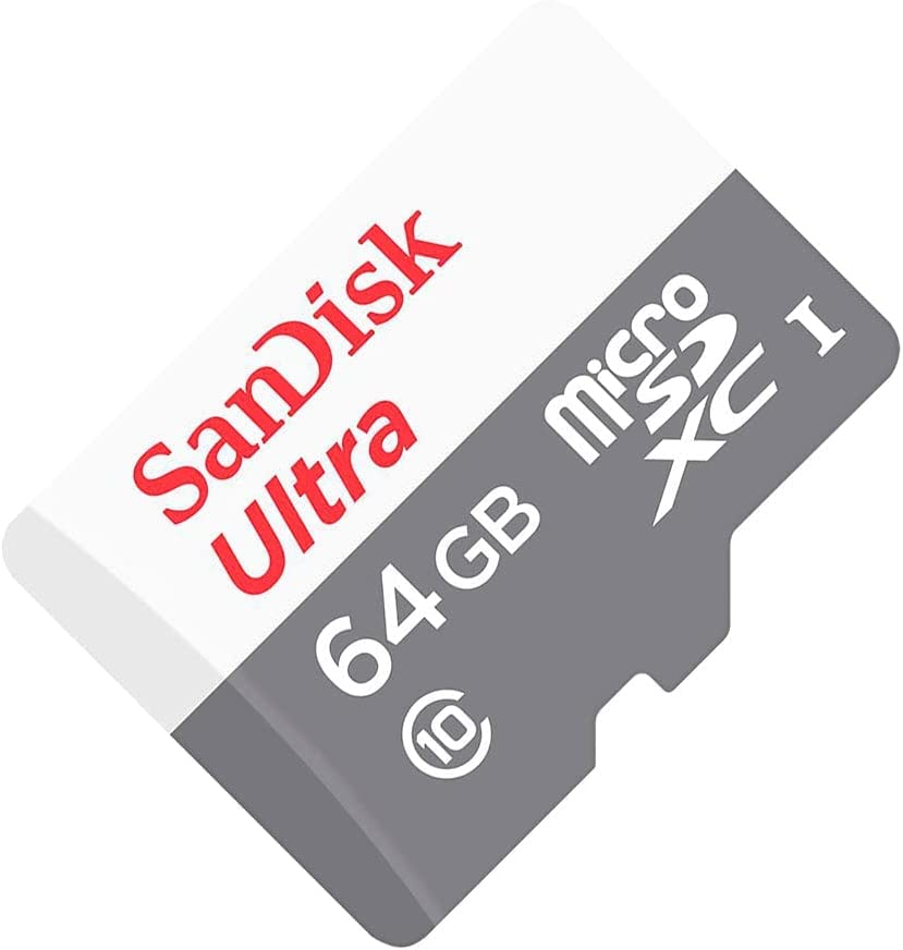 Bir SanDisk Ultra 64GB microSDXC I hafıza kartı. Kırmızı ve beyaz metinli beyaz ve gri bölümleri var.