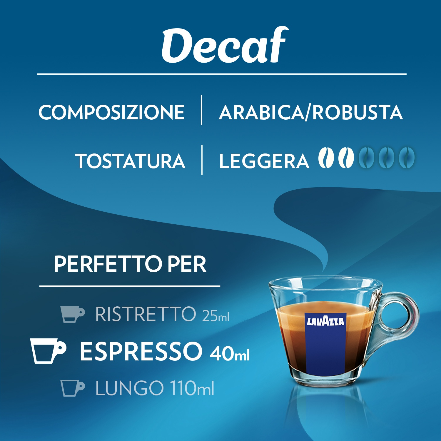 L'immagine mostra una tazza di caffè con espresso, logo Lavazza e testo sulla composizione e i tipi di caffè.