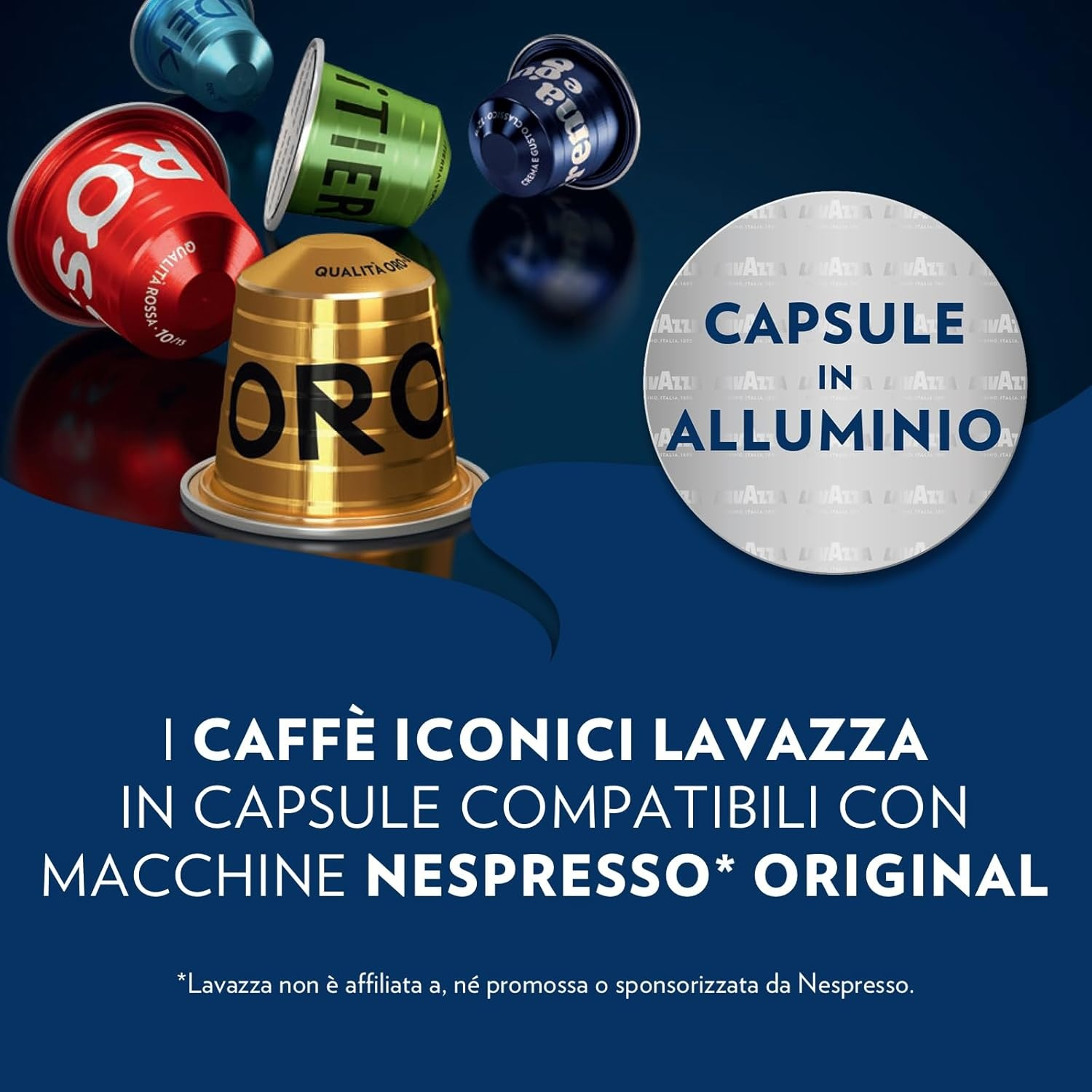 Sono esposte capsule di caffè di diversi colori, tra cui rosso, verde e oro. Il testo dice 'Capsula in Alluminio' e 'Lavazza'.