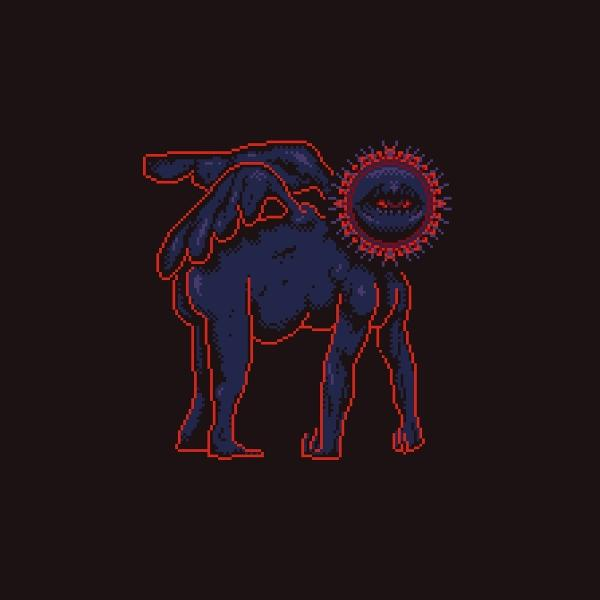 Pixeliges Wesen mit Flügeln und einem sonnenartigen Auge. Dunkelblauer Körper, rot umrandet, vor schwarzem Hintergrund.