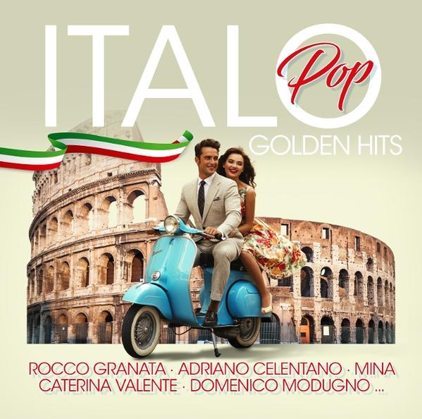 Italienisches Musikalbum-Cover. Ein Paar auf einem blauen Roller vor dem Kolosseum. Text: Italo Pop, Golden Hits.